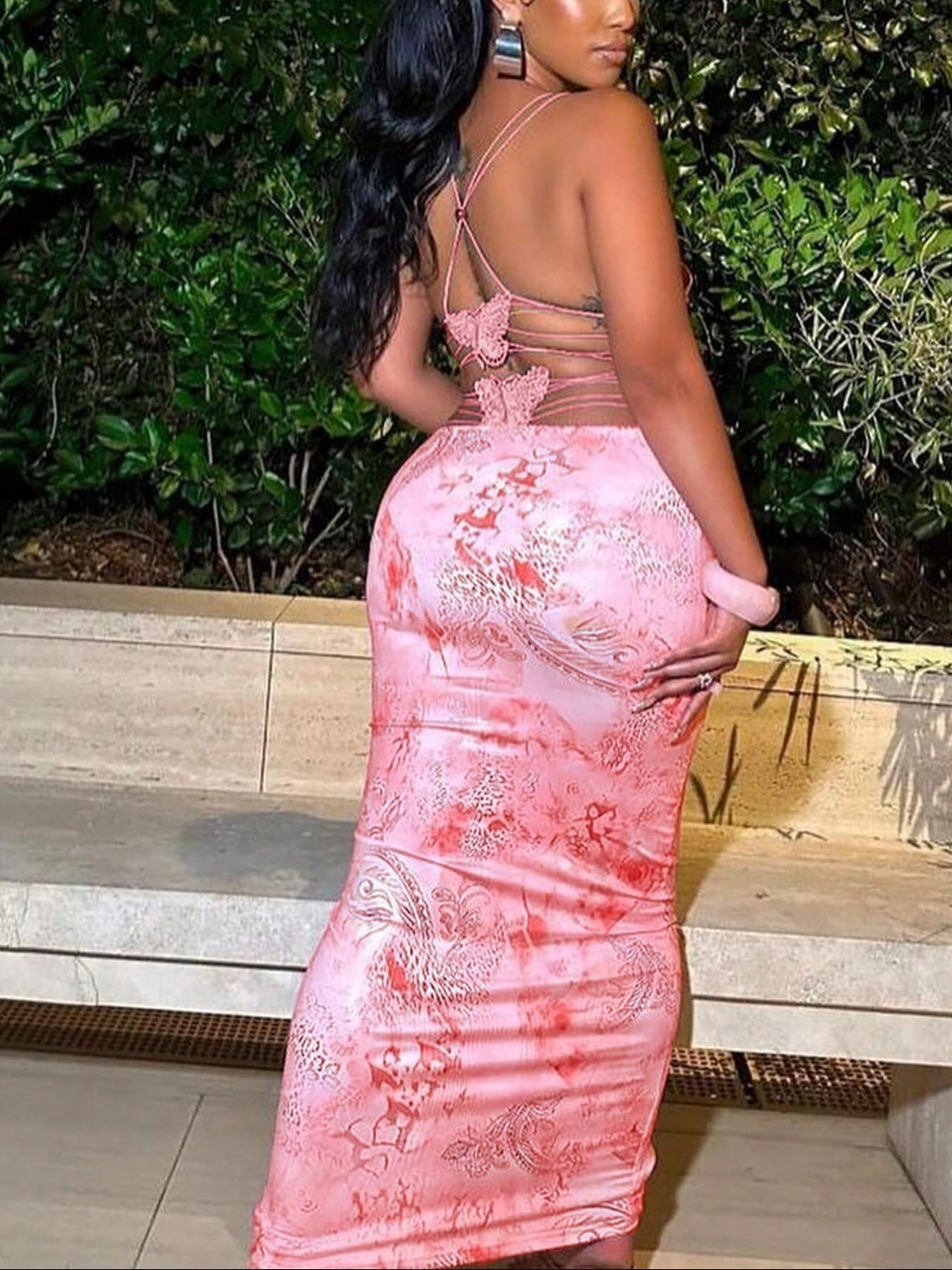 Women's All Over Print Criss Corss Butterfly Decor Backless Cami Dress, Sexy Fashion Sleeveless Spaghetti Strap Mini Dress for Beach Club Party, Butterfly Dress for All Seasons Butterfly Dress