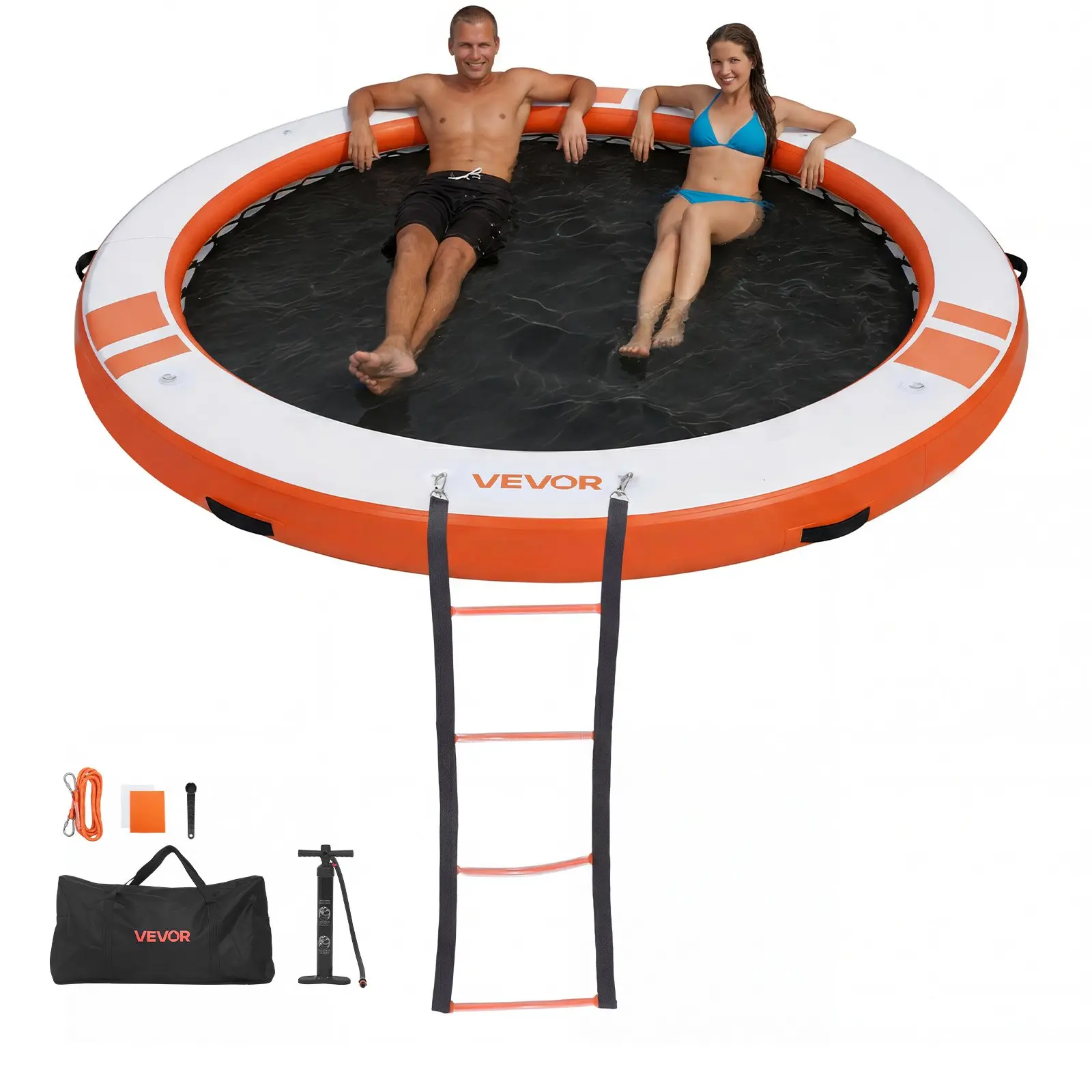 VEVOR PVC Drop Stitch Inflatable Floating Dock, 10 FT Non-Slip Water Air Mat Platform with Portable Carry Bag & Detachable Ladder, Raft for 8 FT/2.44 M Mesh Pool & Family Gatherings, Orange, High-Pressure Locking Valve