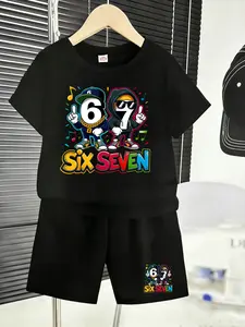 Cool Hip-Hop Style Six Seven 67 Character Print Boys' Short-Sleeve Set, Refreshing Summer Casual, Full Street Vibe!#Boys Summer Set #Hip Hop Kids Clothing #Number Cartoon Print Set #Student Casual Set