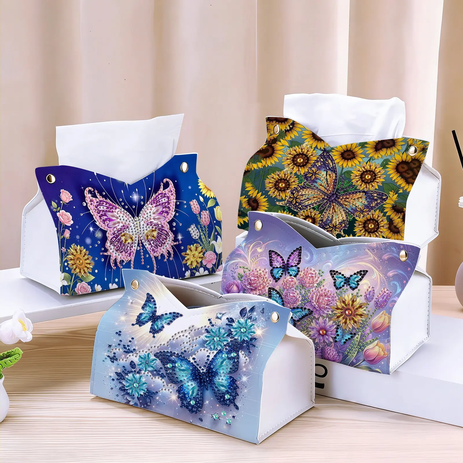 1-piece set of diamond painting kit tissue box butterfly flower pattern PU leather material with round special-shaped crystal gemstone diamond home desktop decoration decoration for girlfriends new home, multifunctional tissue storage box