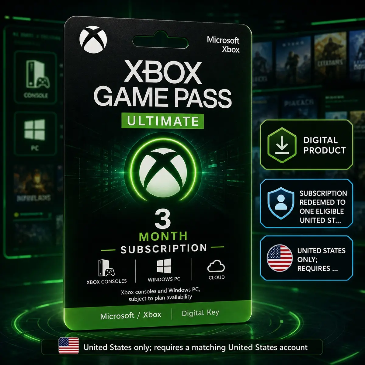 Xbox Game Pass Ultimate — 3 Month Subscription Code, Subscription, Xbox consoles and Windows PC, subject to plan availability, Microsoft / Xbox, United States