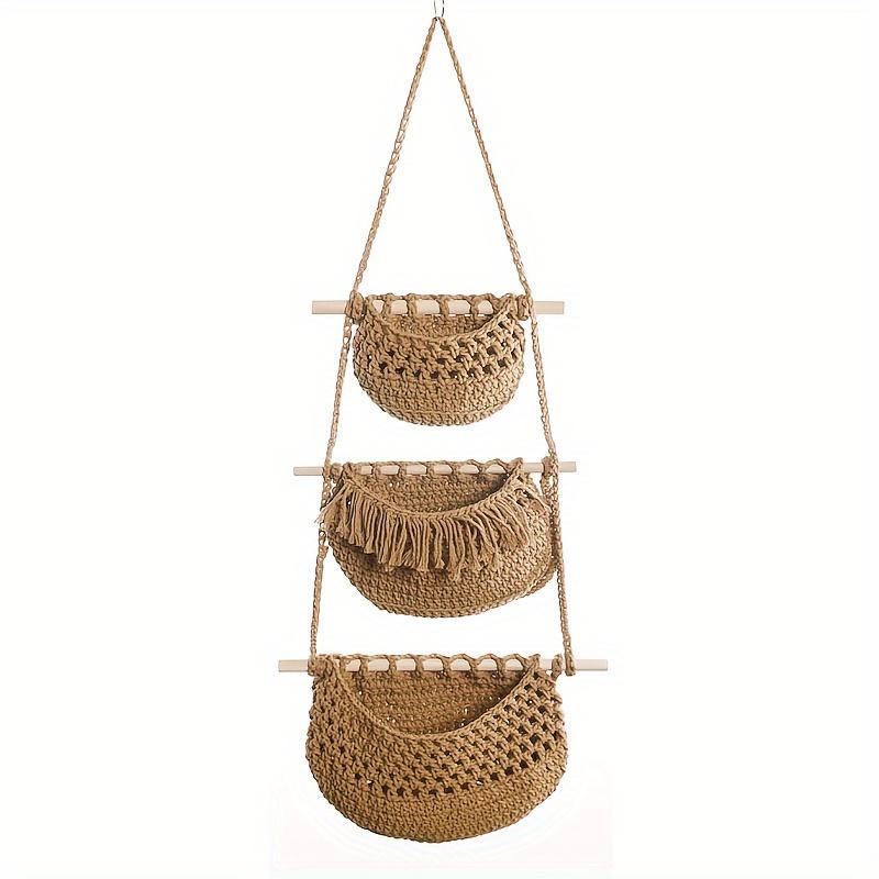 2pcs 3 Tier Hanging Fruit Basket, Wall Hanging Vegetable Fruit Baskets Woven Storage Baskets for Organizing, Wall Basket Decor, Over the Door Organizer for Kitchen, Bedroom, Bathroom
