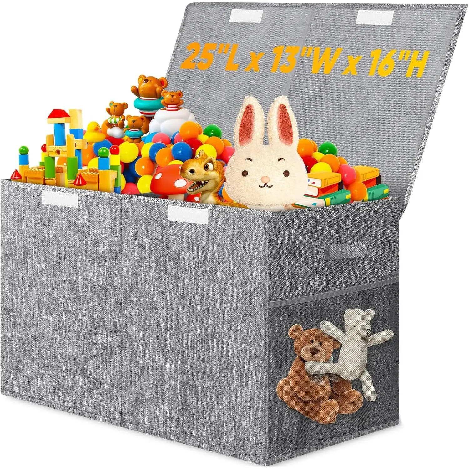 Gray Linen Plastic Decorative Toy Storage Box with Lid & Divider - Sturdy, Lightweight, Collapsible Organizer Container for Kids' Playroom, Bedroom (25"x13"x16")
