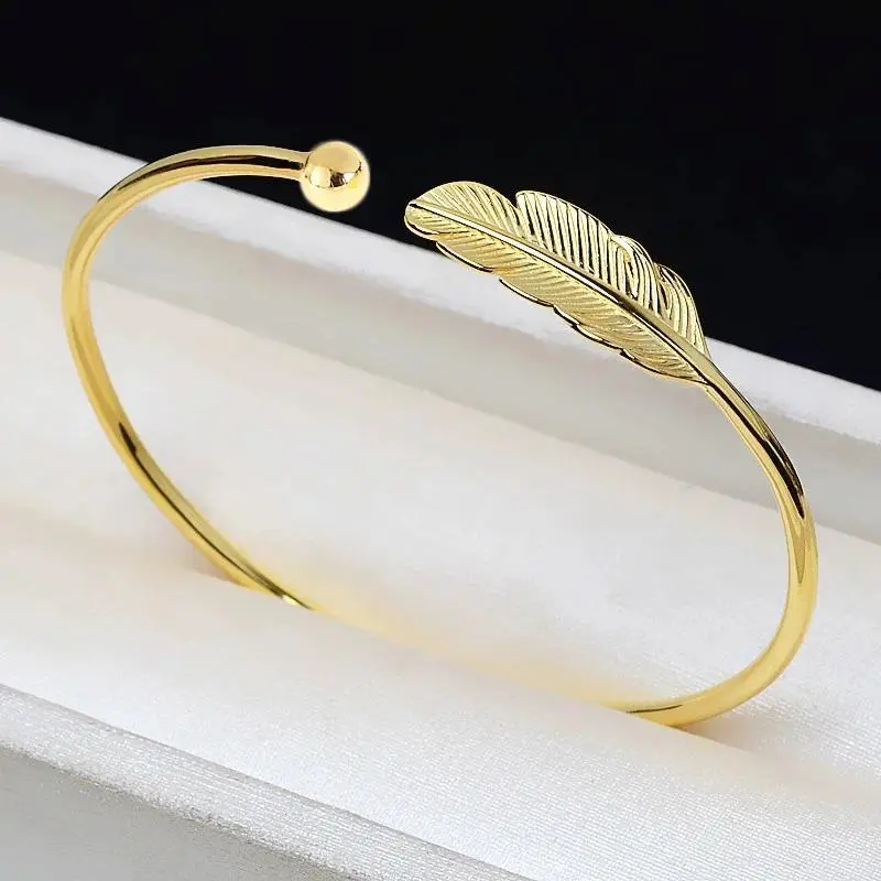 Open Cuff Women's Bangles Gold Color Metal Feather Shape Adjustable Open-Bangle Punk Fashion Hiphop Style Wrist Jewelry pulseras