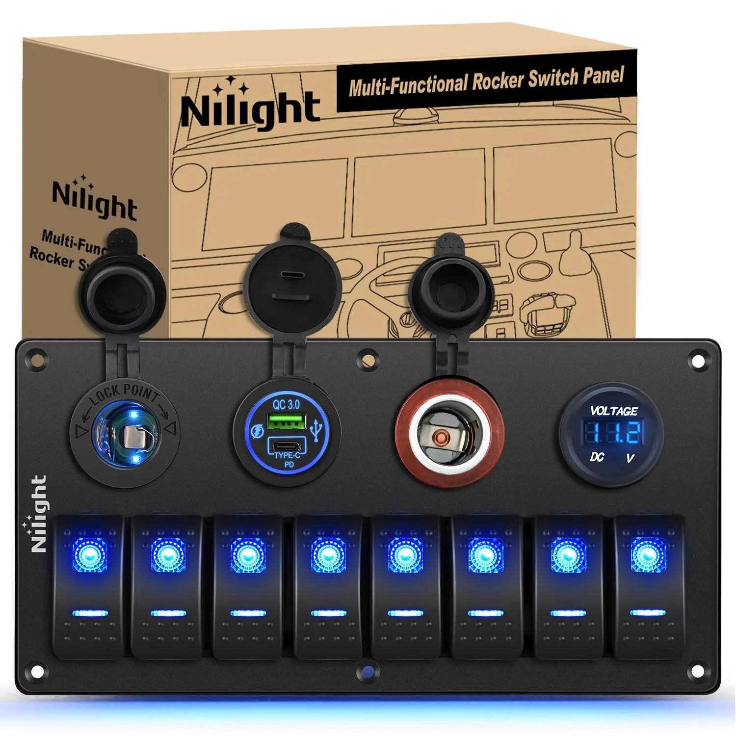 Nilight 8-Gang Toggle Rocker Switch Panel - Waterproof Heat-Resistant Aluminum Marine Unit with PD Type-C, USB Charger, Cigarette Lighter Socket, Voltage Monitor, Inline Fuse, Overload Protection, Pre-Wired Kit, 12V-24V Range ON/OFF Switches for Car, Boat