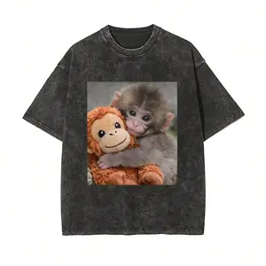 100% Washed Cotton Vintage Distressed Cute Baby Monkey Hugging Stuffed Monkey Plush Meme Graphic T Shirt Adorable Real Monkey Doll Print Unisex Oversized Crew Neck Streetwear Short Sleeve Tee