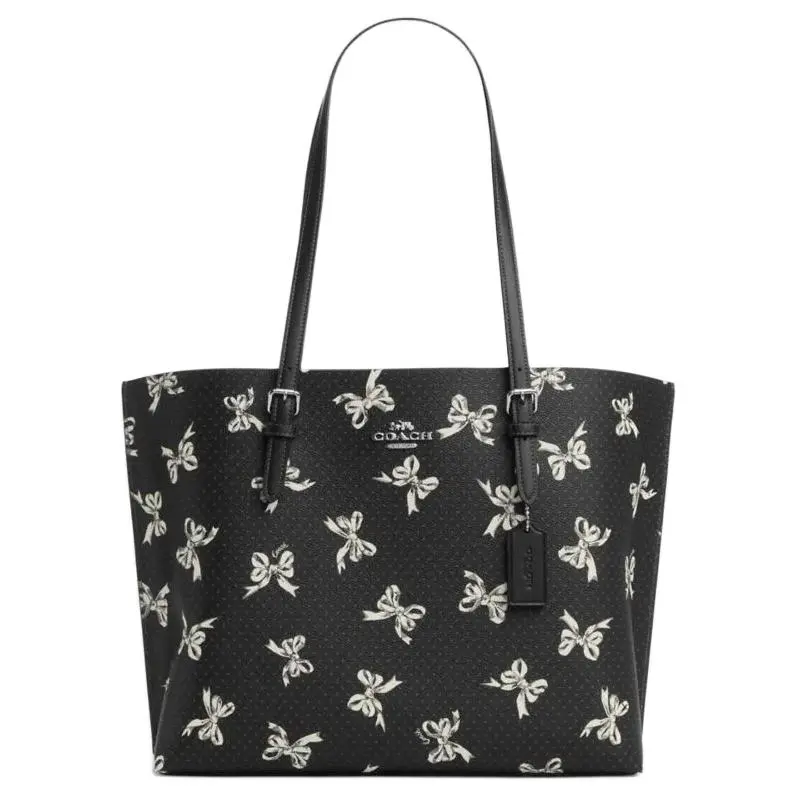 COACH Mollie Bow-Print Zip Top Tote Bag for Women – Faux Leather and Recycled Leather – Black