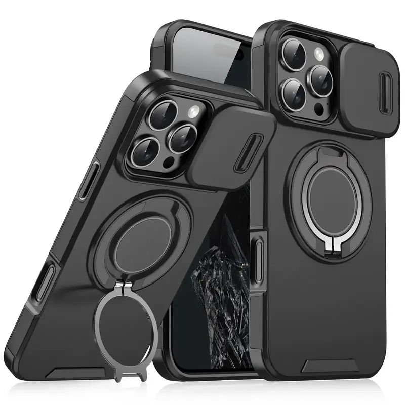 Military-Grade Shockproof Heavy-Duty Rugged Multi-Model Cellphone Case for iPhone 12-18 Pro Max,14-16,15 - Drop-Proof Protection, Slide Camera Cover, Rotatable Ring Kickstand, Wireless-Compatible Shell for Men