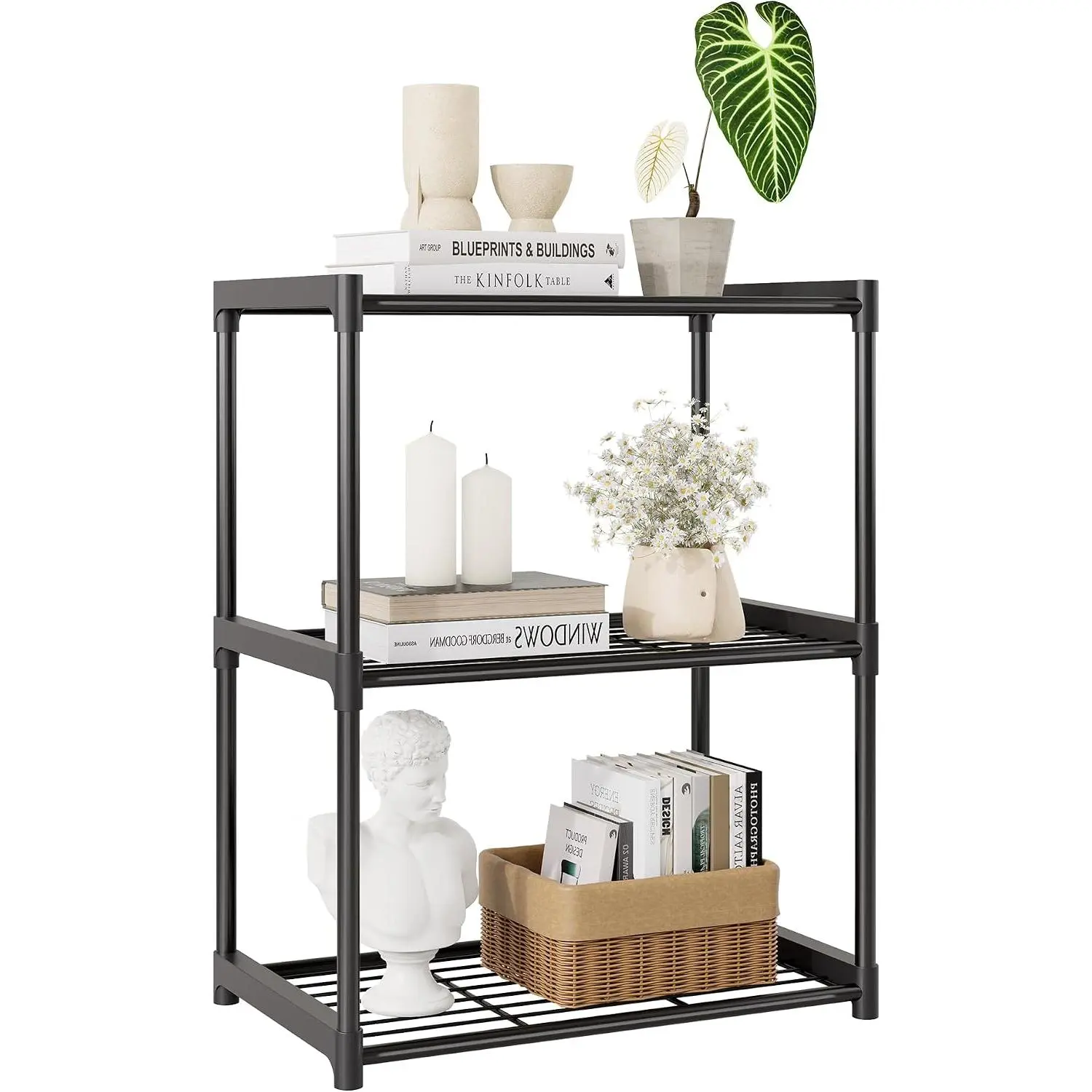3-Tier Storage Shelves with Plastic Connectors – Metal Shelf Organizer for Pantry, Closet & Bathroom, Space-Saving Sturdy Shelving Unit Rack, Black, 17.3" x 12.8" x 28.9"
