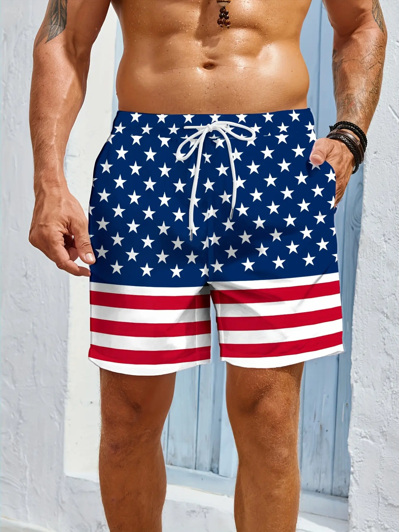 Mens Standard USA Flag Print Lightweight Swim Shorts, Anti-Chlorine Breathable Quick Dry Fabric, Elastic Waist Drawstring Side Pockets, Backyard BBQ & Pool Party Wear, LA