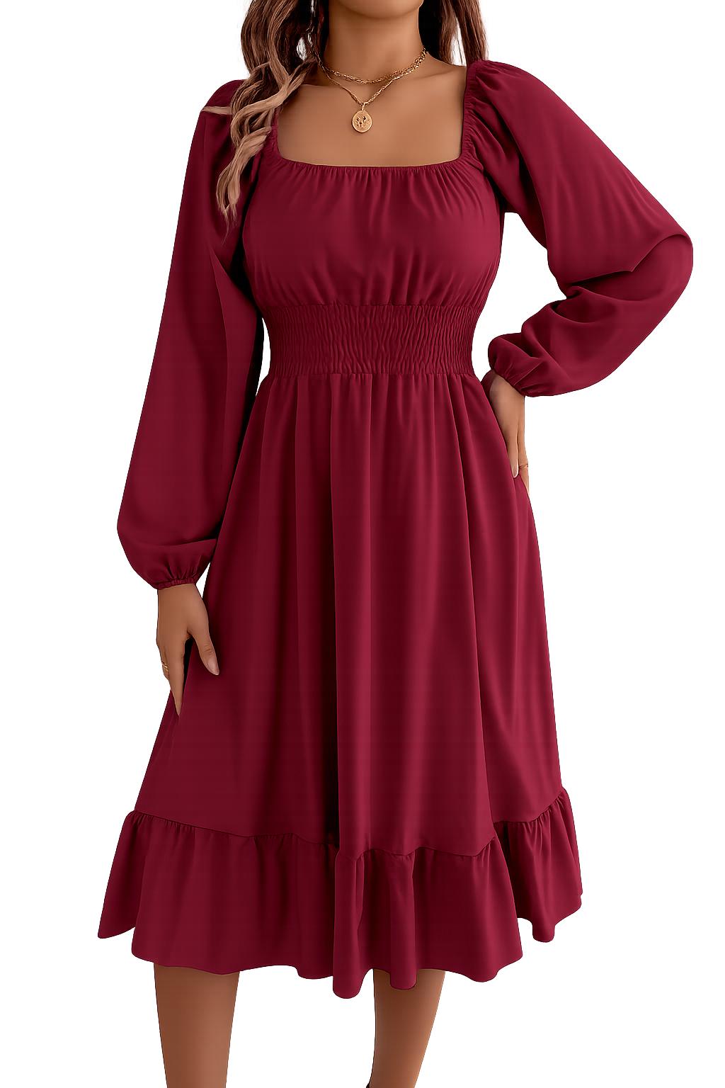 2026 Spring and Summer Leisure Solid Color Square Collar Long Sleeve Waist-Cinched A-Line Skirt