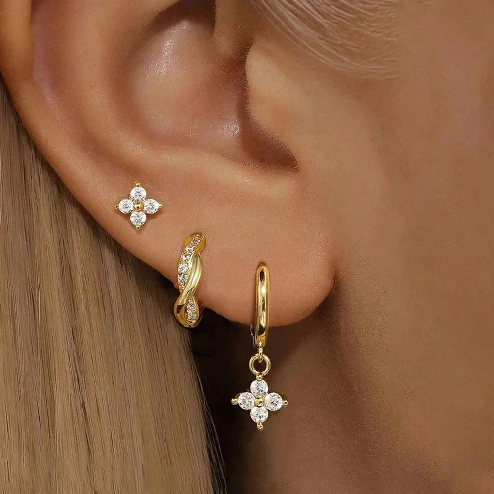 3 Pcs Flower Dangle Hoop Stud Stackable Earrings Set For Women Gold Plated Dainty Lightweight Small Circle Hoop Earrings Jewelry