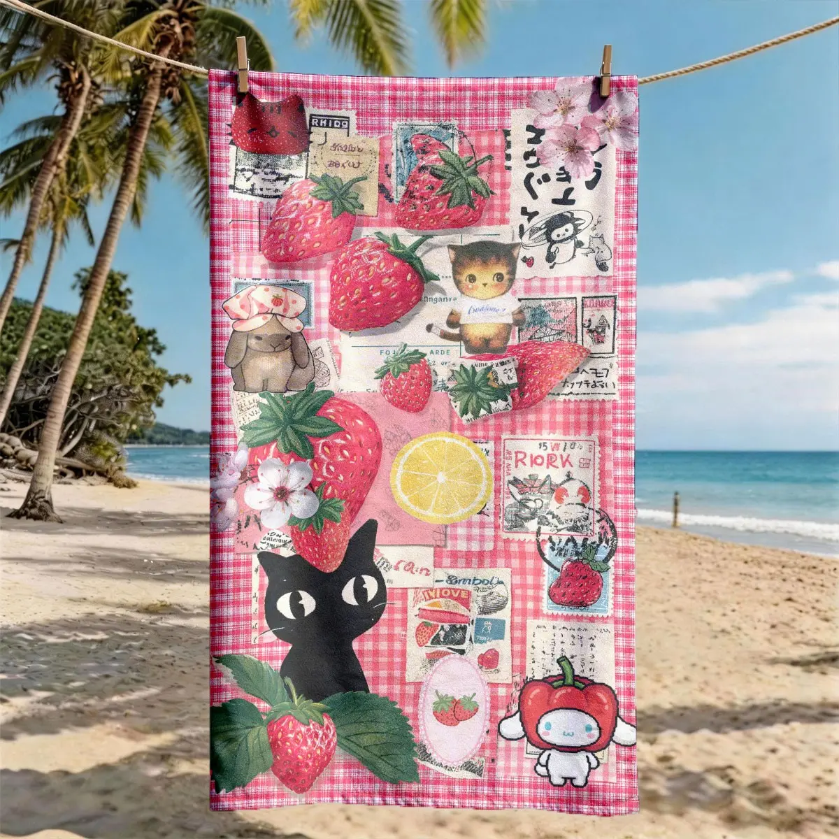 "Strawberry & Cat Collage" Theme Beach Towel, Oversized, Quick Dry & Ultra-Soft Polyester, Ideal for Travel, Swimming, Camping, Fitness and Beach Vacations, Machine Washable, 2D Flat, The Perfect Gift for Friends and Family.