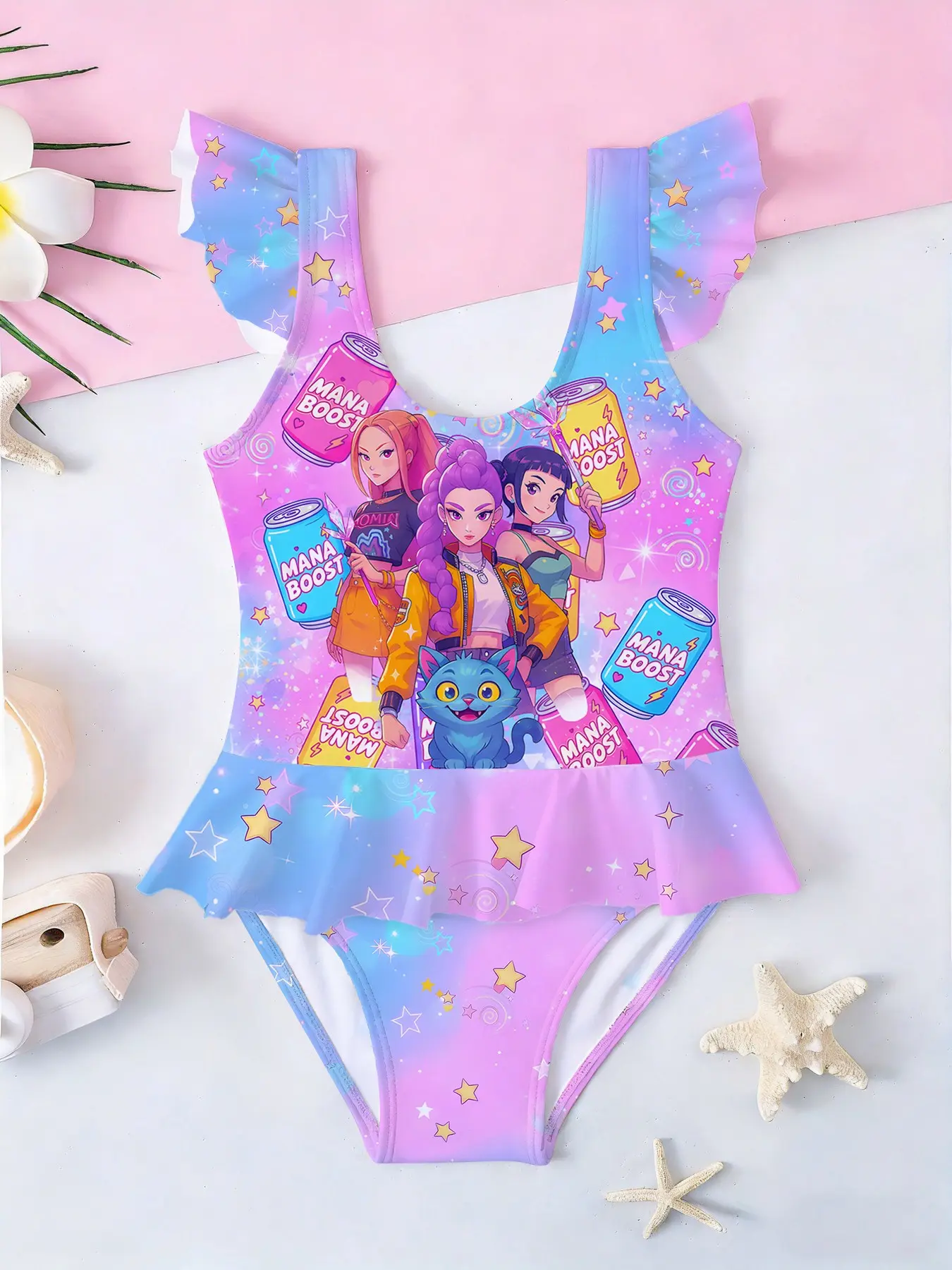 Girls' Korean Style One-Piece Swimsuit, Blue Gradient Cartoon Print, Sleeveless Romper, Summer Beach Swimwear, Casual Fit, Patterned Swimsuit, Toddler Swimsuit, Toddler Bathing Suit
