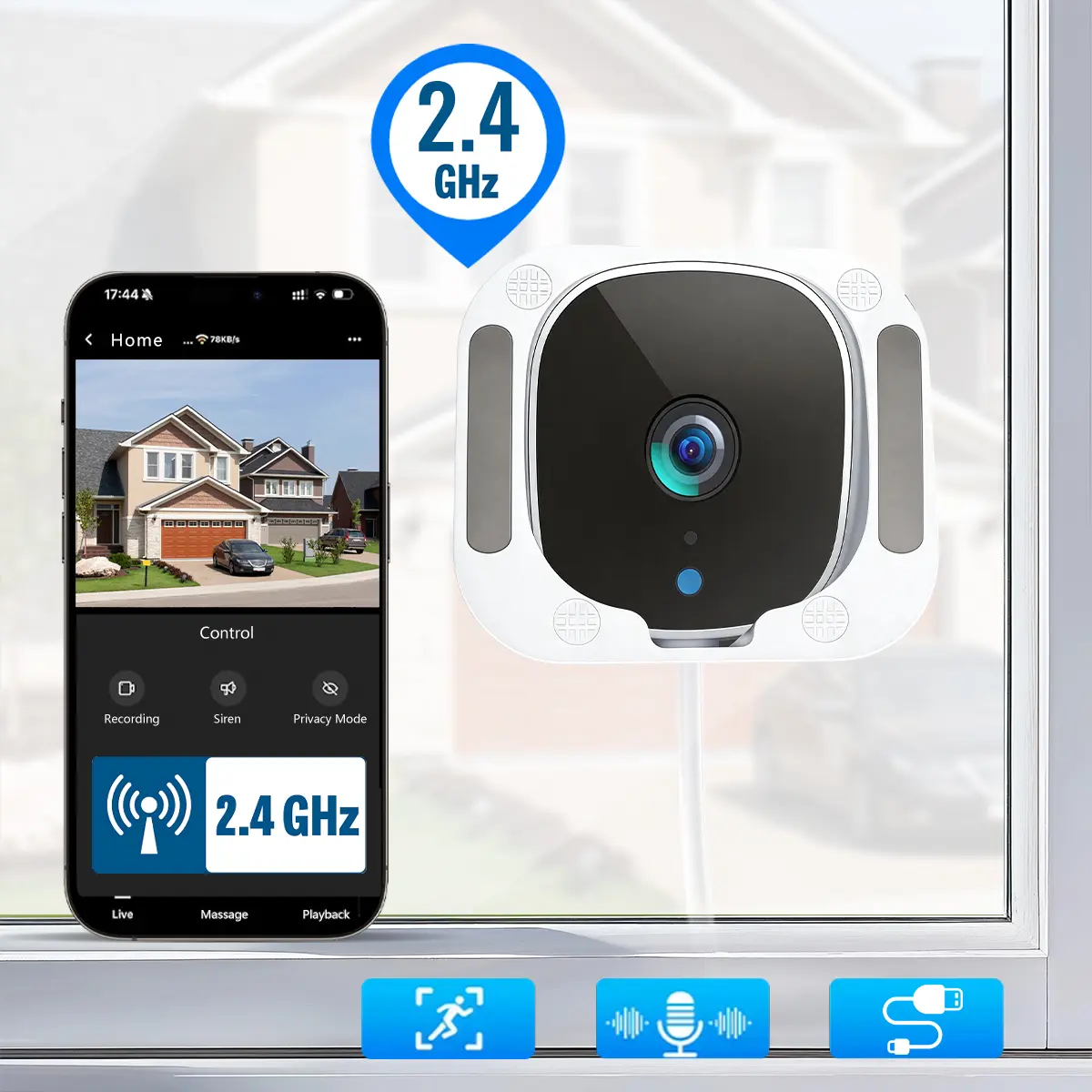 Window Security Camera 2.4G WiFi Smart, Easy Setup, Two-way Audio, Dual Storage, Day & Night View, Universal Monitoring for Garage, Yard & Store, Window Camera with Night Vision, Security Cameras WiFi