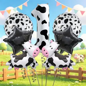 9-Piece Cow Farm Theme Balloon Set, 40-Inch Cow Pattern Alum Foil Balloons, Cartoon Cow Shape, Star, Perfect for Birthday Parties, Party Balloons Decorations