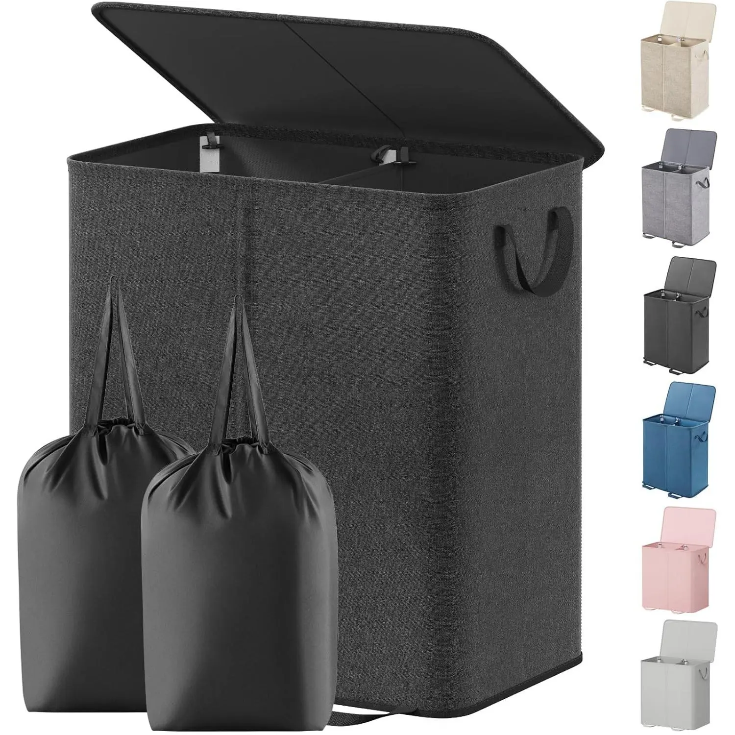 Black 2-Divider Double Laundry Basket Organizer - 155L Large Collapsible with Lid, Removable Bags, Handles for Bedroom Closet, Indoor Recreation Spaces