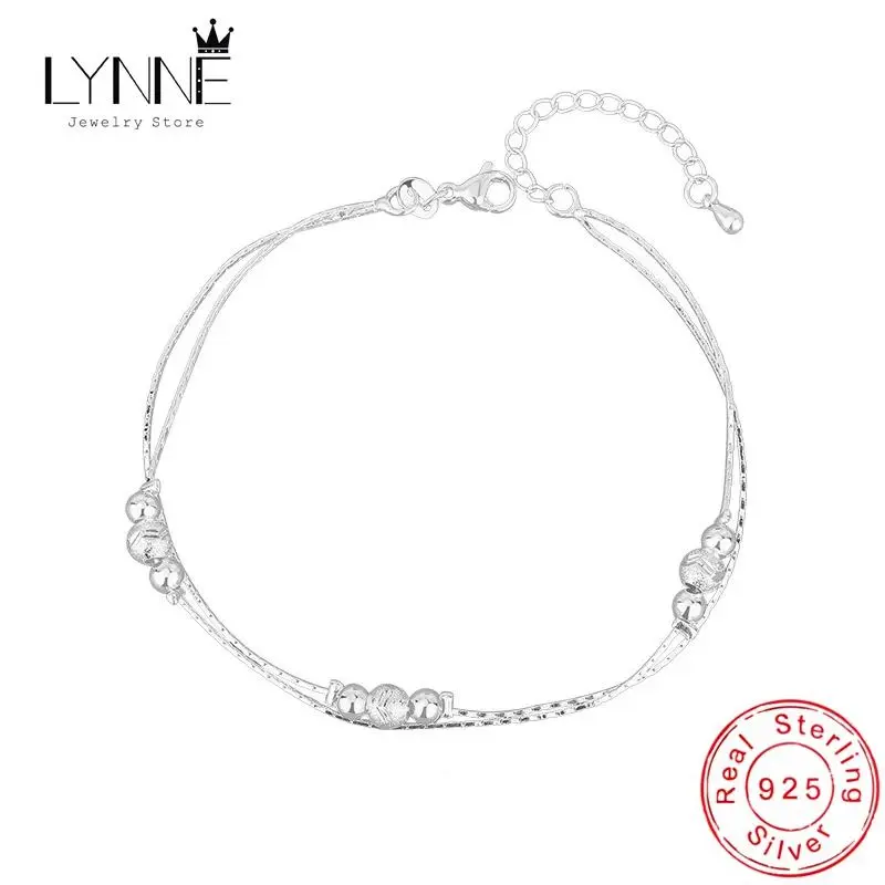 925 Sterling Silver Jewelry Fashion Elegant Double Layers Small Ball Frosted Beads Pendant Anklets Women Gift Summer Foot Chain