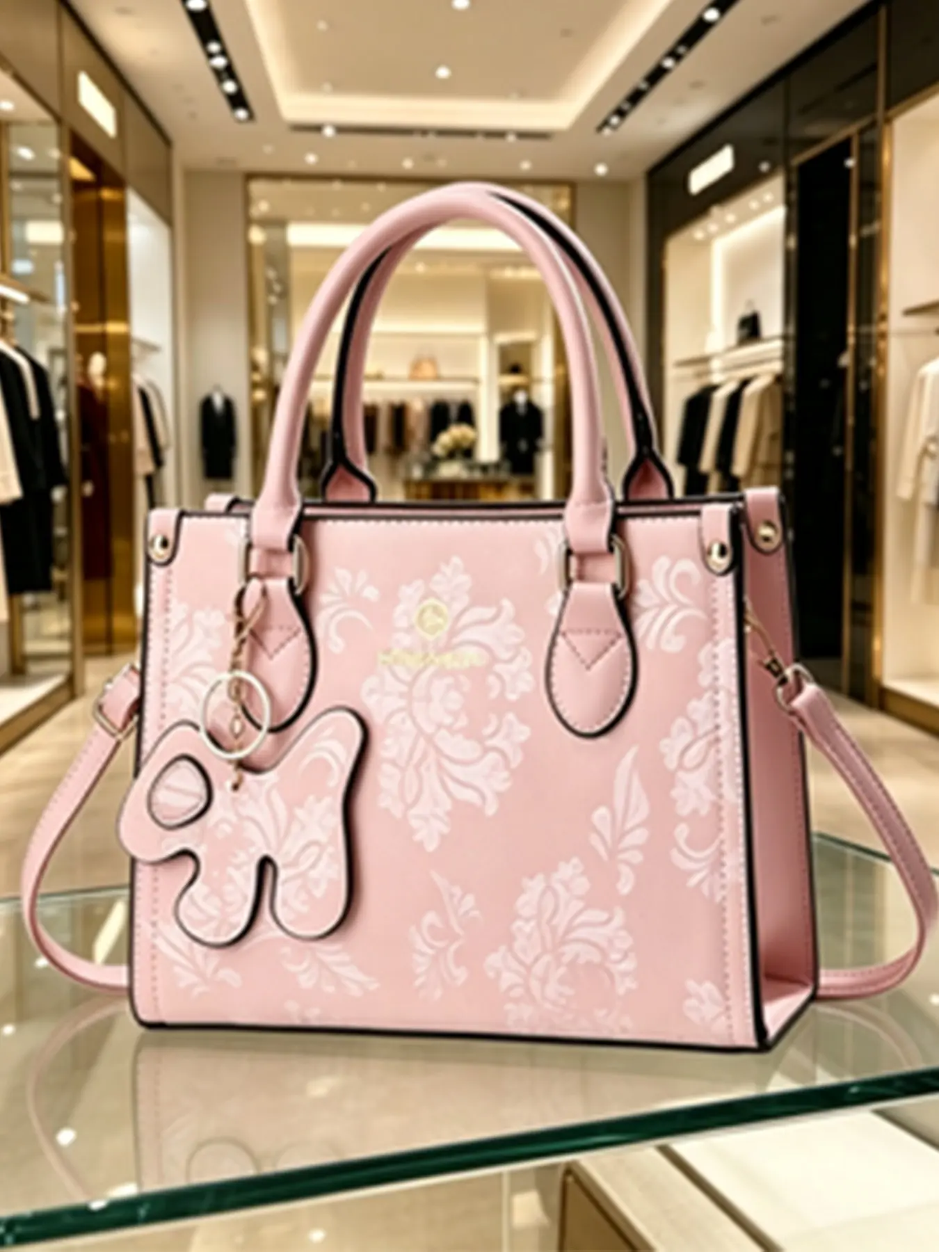 Cherry Blossom Embossed Tote Bag for Women, Elegant Commute Crossbody Handbags with Dog Charm, Large Capacity Fashion Accessory