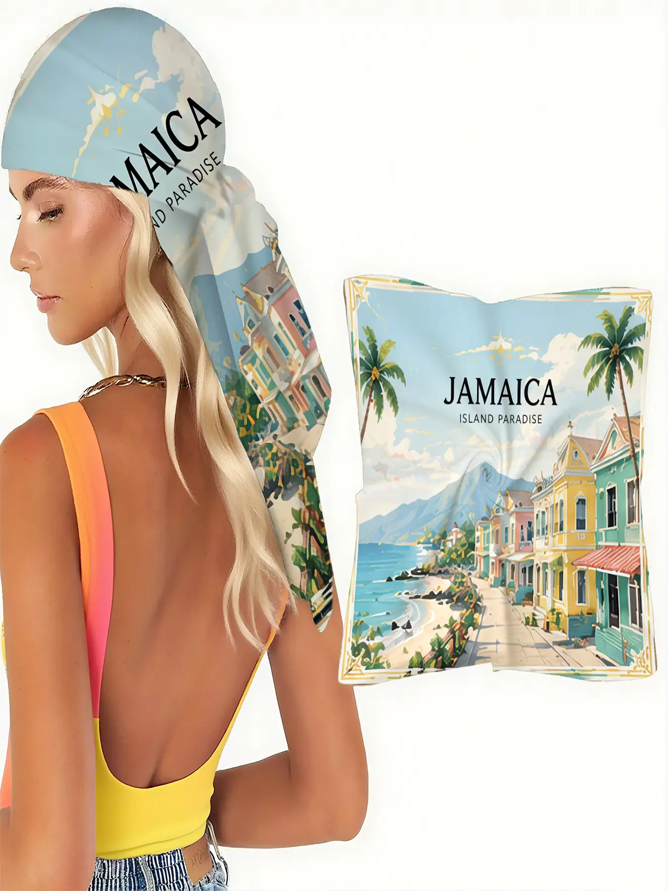 【Jamaican Culture】Jamaica Scarf Shawl Wrap with Island Paradise Illustration, Colorful Coastal Buildings, Palm Trees and Mountain Scenery - Ideal for Tropical Vacations, Beach Getaways, Cultural Tours, Resort Wear and Destination Celebrations