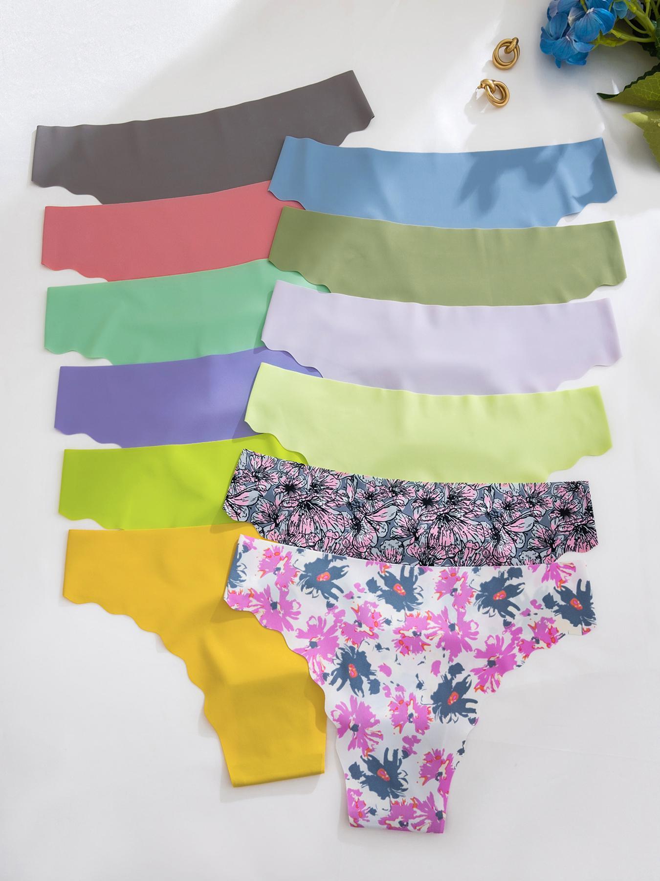 Women's Plain/floral Print Scallop Trim Knicker, Casual Comfy Breathable Drop Seamless Waist Panty for Daily Wear, Panties for Women, Ladies Underwear,  Girls Underwear  for All Seasons