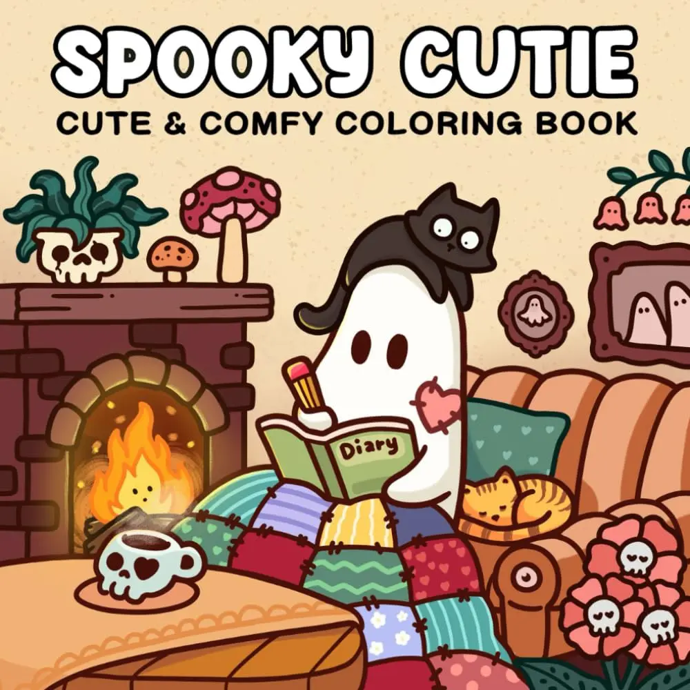 Spooky Cutie Cute & Comfy DIY Coloring Book For Adults Teens | Cozy Ghost Black Cat Mushroom Skull Cottage Pages Stress Relief Coloring Book Halloween Gift For Spooky Aesthetic Lovers