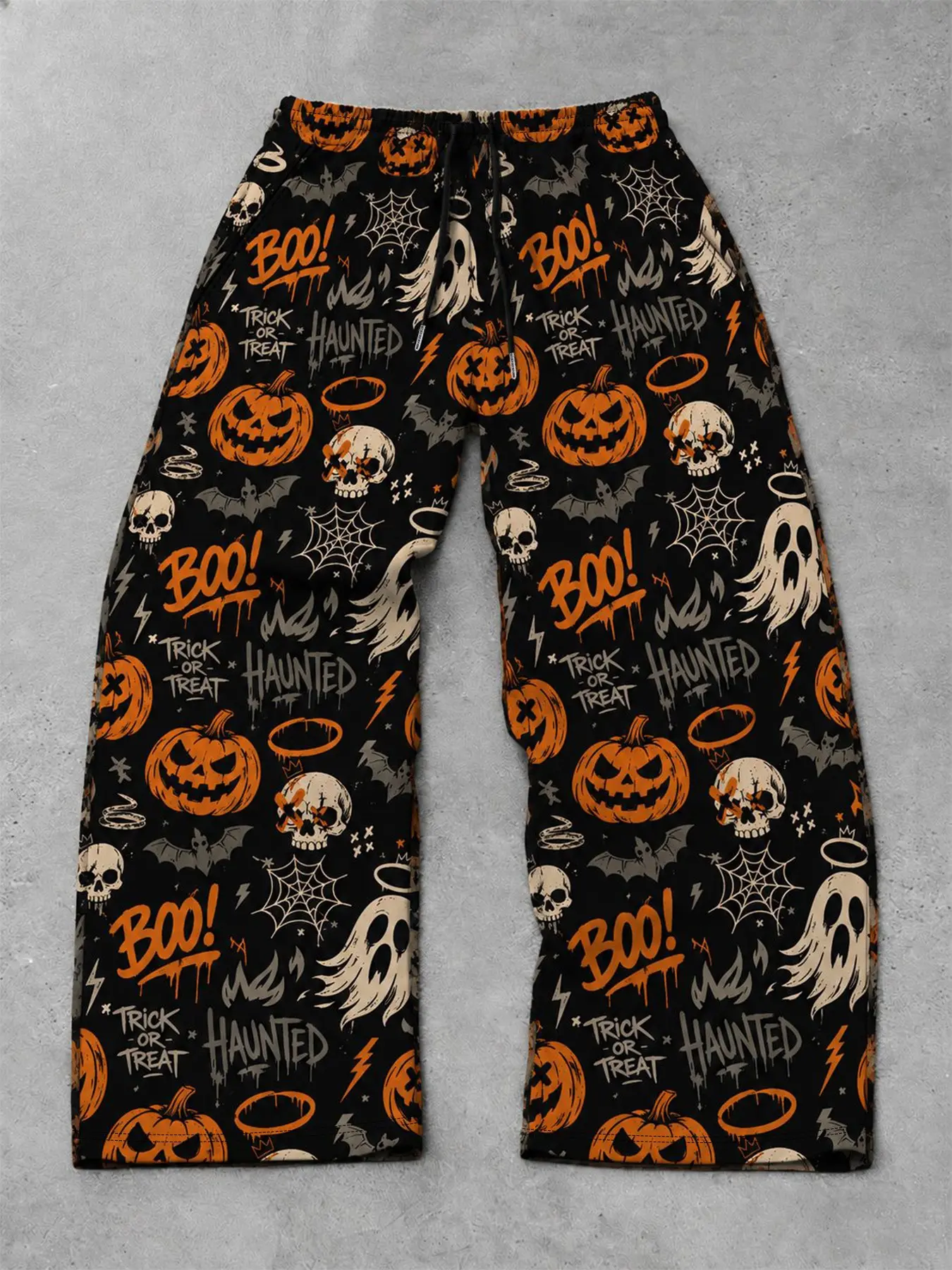 Men's Drawstring Wide Leg Pants With Halloween Pumpkin, Ghost And Skull Prints, Suitable For Halloween Parties, Streetwear And Daily Casual Outings