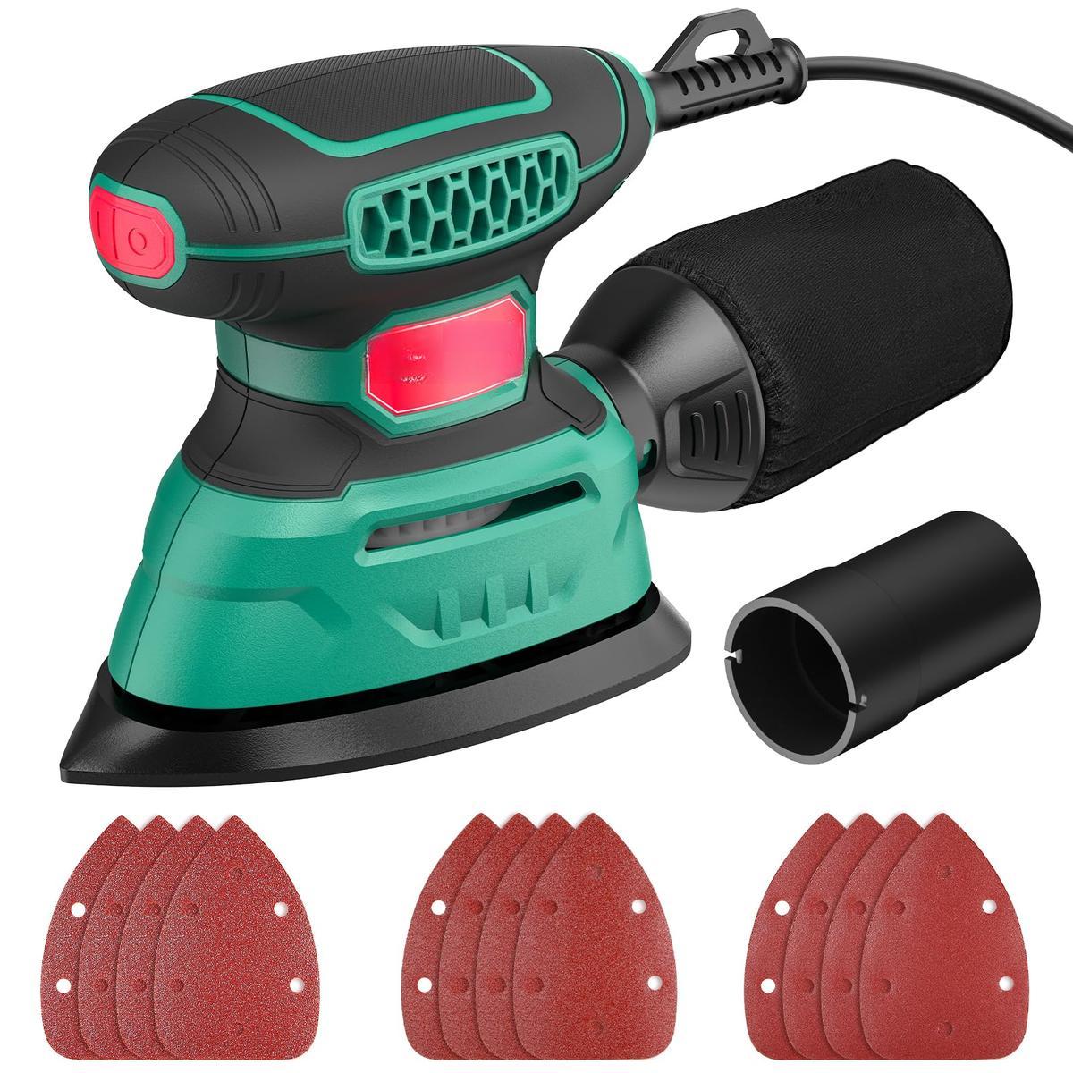 140W Detail Sander, 13000OPM, 1.2A Palm Sander Tool with 12 Sandpapers, with Efficient Dust Collection System, Compact Hand Sander for Woodworking Portable Orbital Polisher Random Orbital Polisher Hardware Rubber