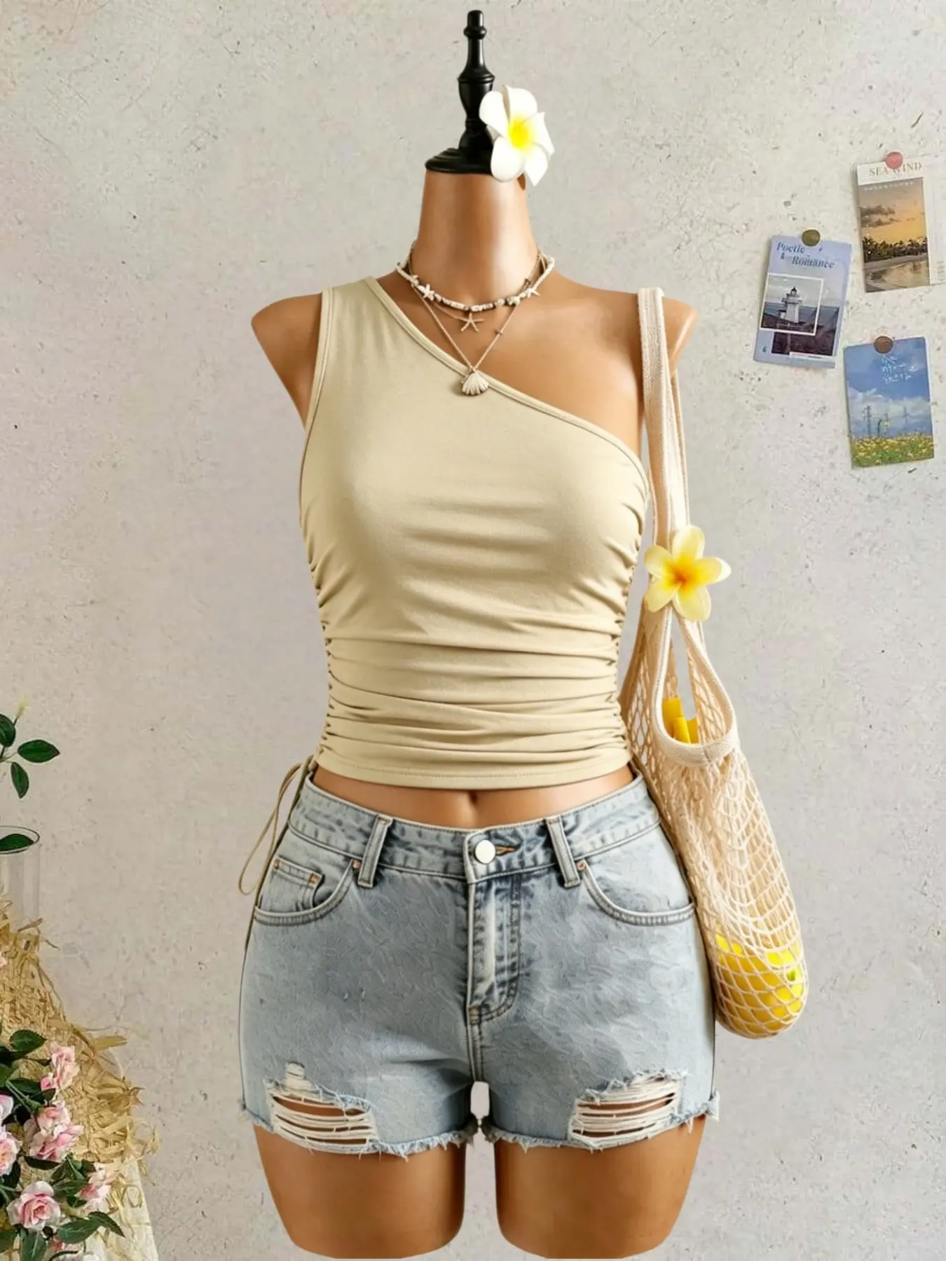 Women's Asymmetrical One-Shoulder Ruched Tank Top, Side Drawstring Adjustable Waist Cinch, Short Sleeveless Beach Vacation Top, Soft and Elegant Design