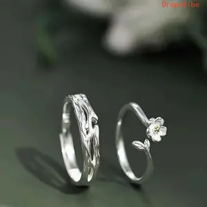 Pair Of Adjustable Open Jasmine Design Couple Rings With Synthetic Gem, Elegant Jewelry For Daily Wear