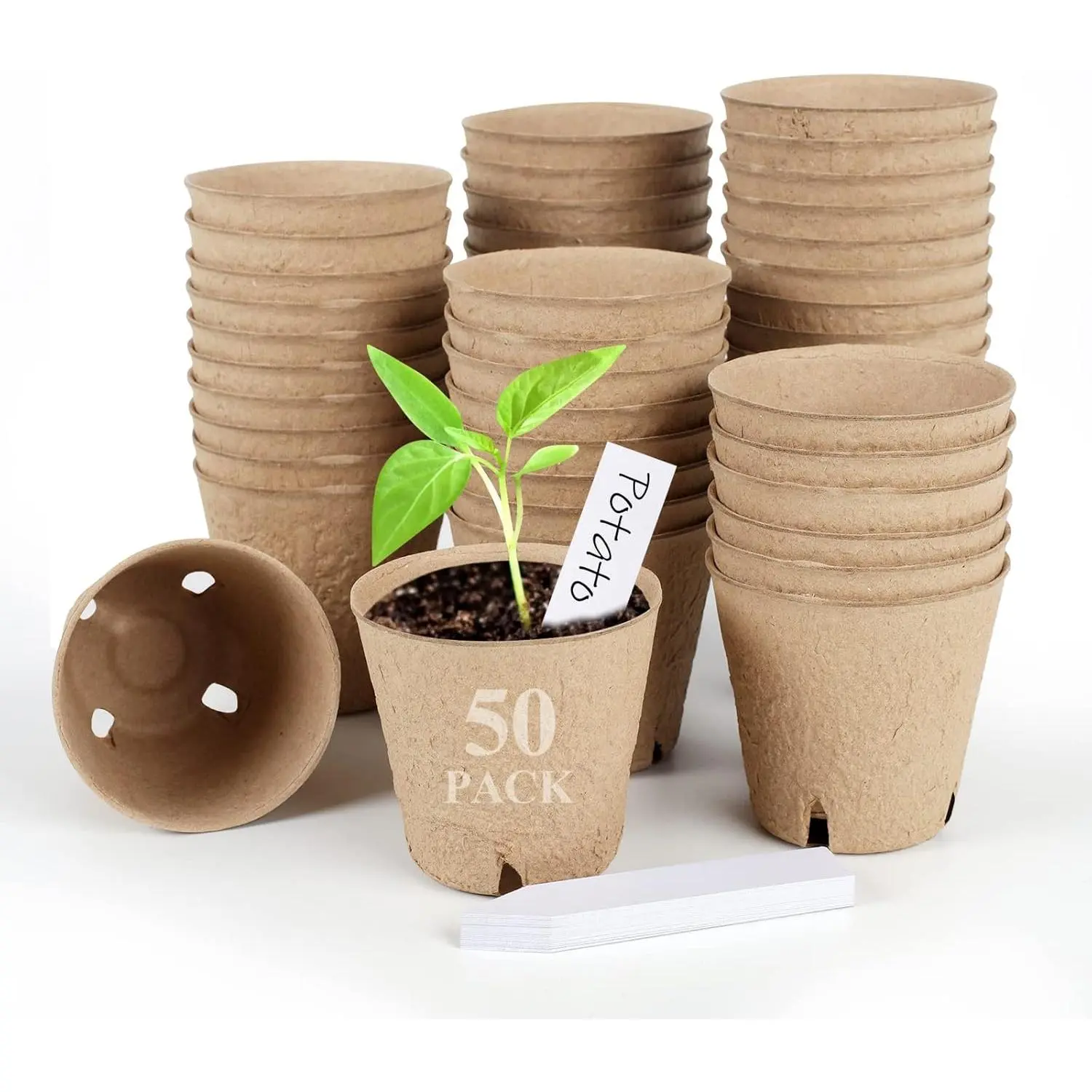 50 count Peat Pots, 3.15Inch Seed Starting Pots with Drainage Holes Round  Pot, Garden Germination  Pot Bonus 20  Labels