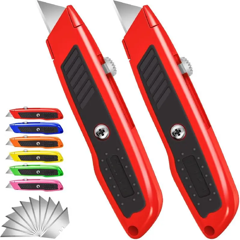 2 Pack Retractable Utility Knives with 10 Extra SK5 Blades, Heavy Duty Aluminum Alloy Body Box Cutter, Sharp Razor Knife for Cardboard, Boxes