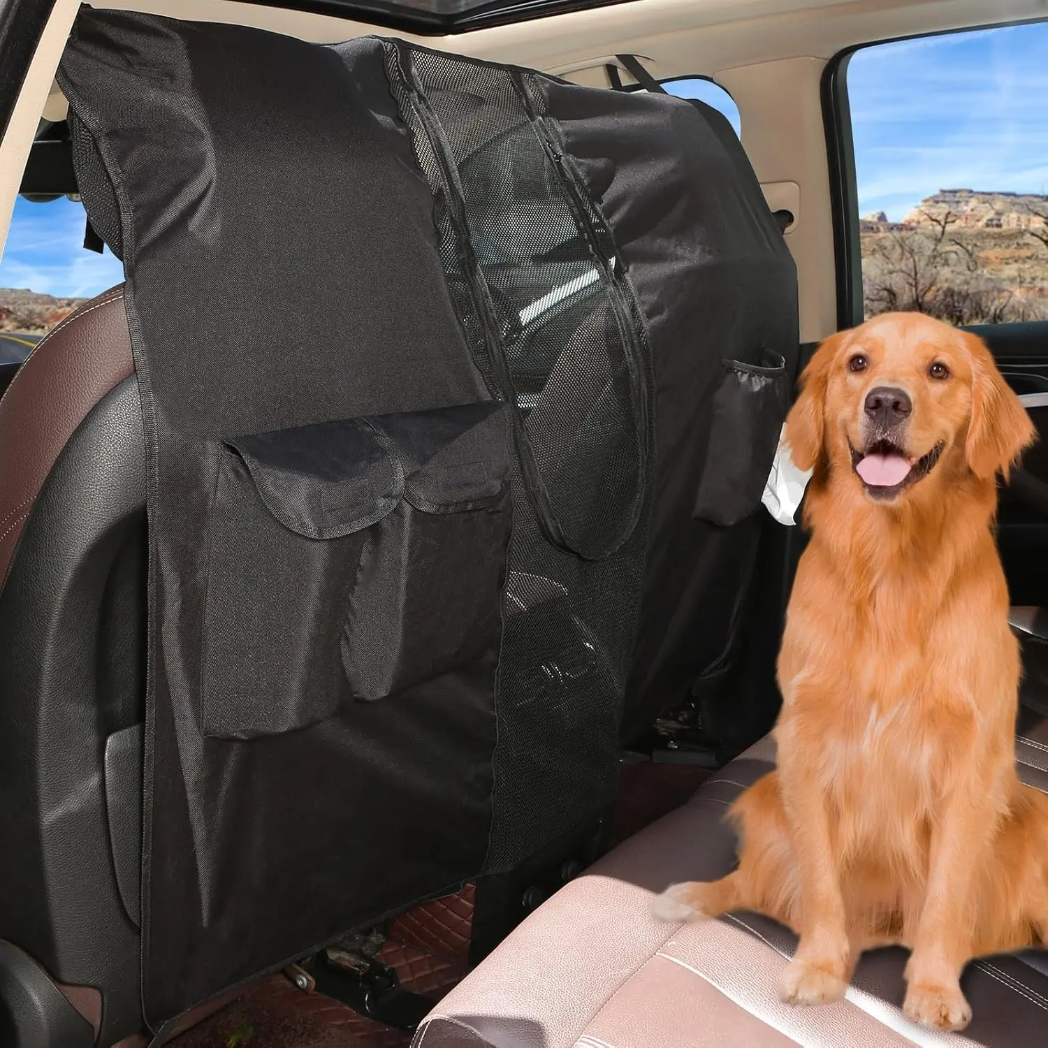 Dog Car Net Barrier for SUVs, Pet Barrier with Adjustable Rope and Storage Bag, Dog Fence Barrier for Car Front Seats, Car Divider for Driving Safely with Children & Pets