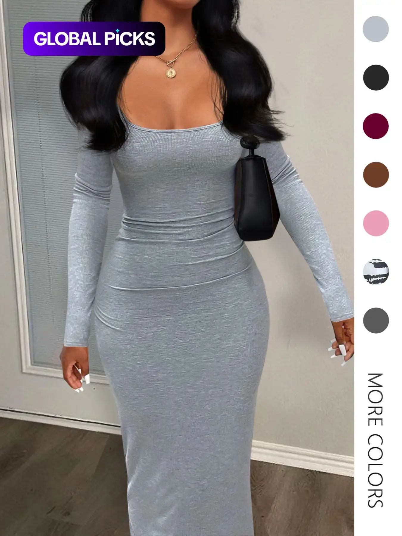 Women's Sexy Plain U Neck Long Sleeve Bodycon Cut Dress, Minimalist Solid Tight Sleeve Long Dress for Fall, Ladies Clothes for Fall, Womenswear, Casual Fashionable Dress, Chic