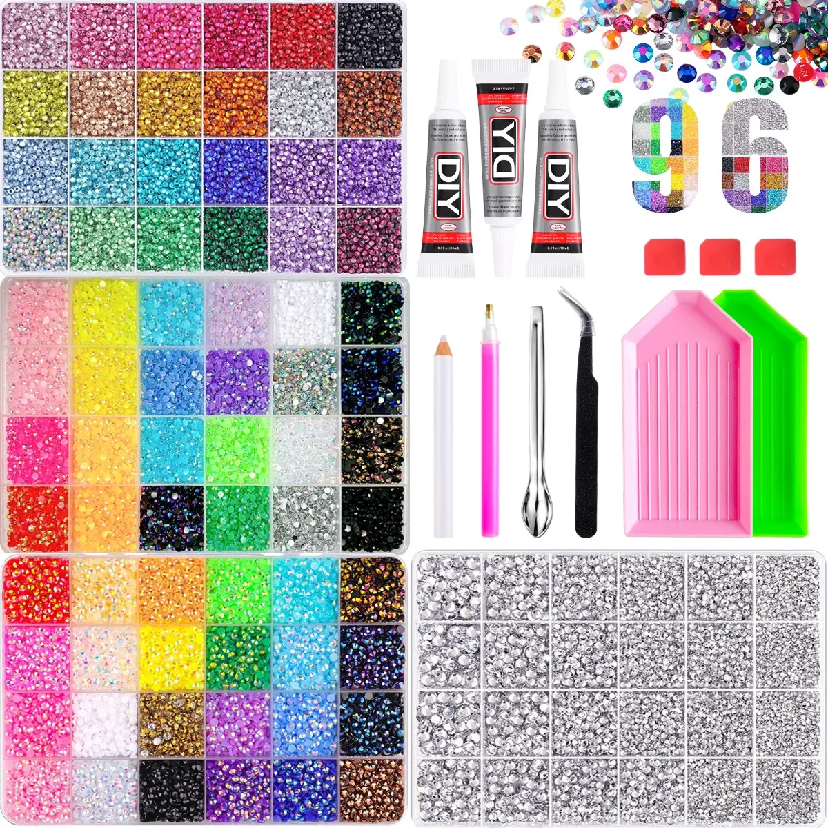 Rainbow Resin Rhinestones Set, 96 Colors, DIY Craft Kit, Includes Tools, Perfect for Clothing, Shoes, Fabric, Nail Art, 【Summervibes】DIY Diamond Bedazzling Kit！Halloween Christmas Birthday Gifts for Women。mid year sale, deals for you