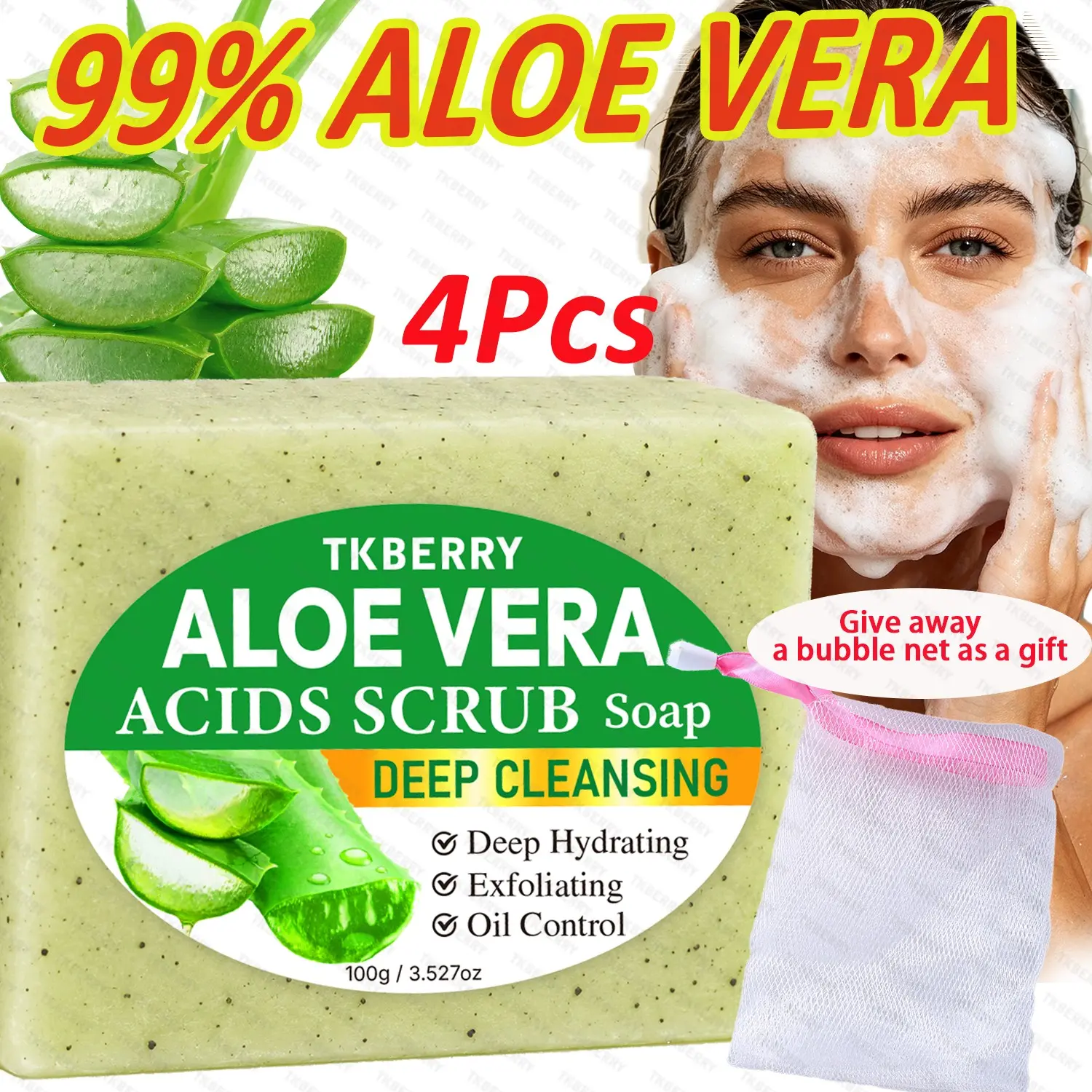 100g*4Pcs  Aloe Salicylic Acid Scrub Soap,99%aloe, 10-in-1 Oftens Skin, Scrub Cleanser, Unclogs Pores, Cleanses Skin, Moisturizes, Unisex, Can Be Used All Over The Body, Suitable for All Skin Types,Smooth skin,Portable,Add a bubble net as a gift