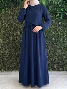 Women's Round Neck Long Sleeve Fake Two-Piece Asymmetrical Waist Dress, No Pockets, Casual Loose-Fit, Spring & Fall Fashion
