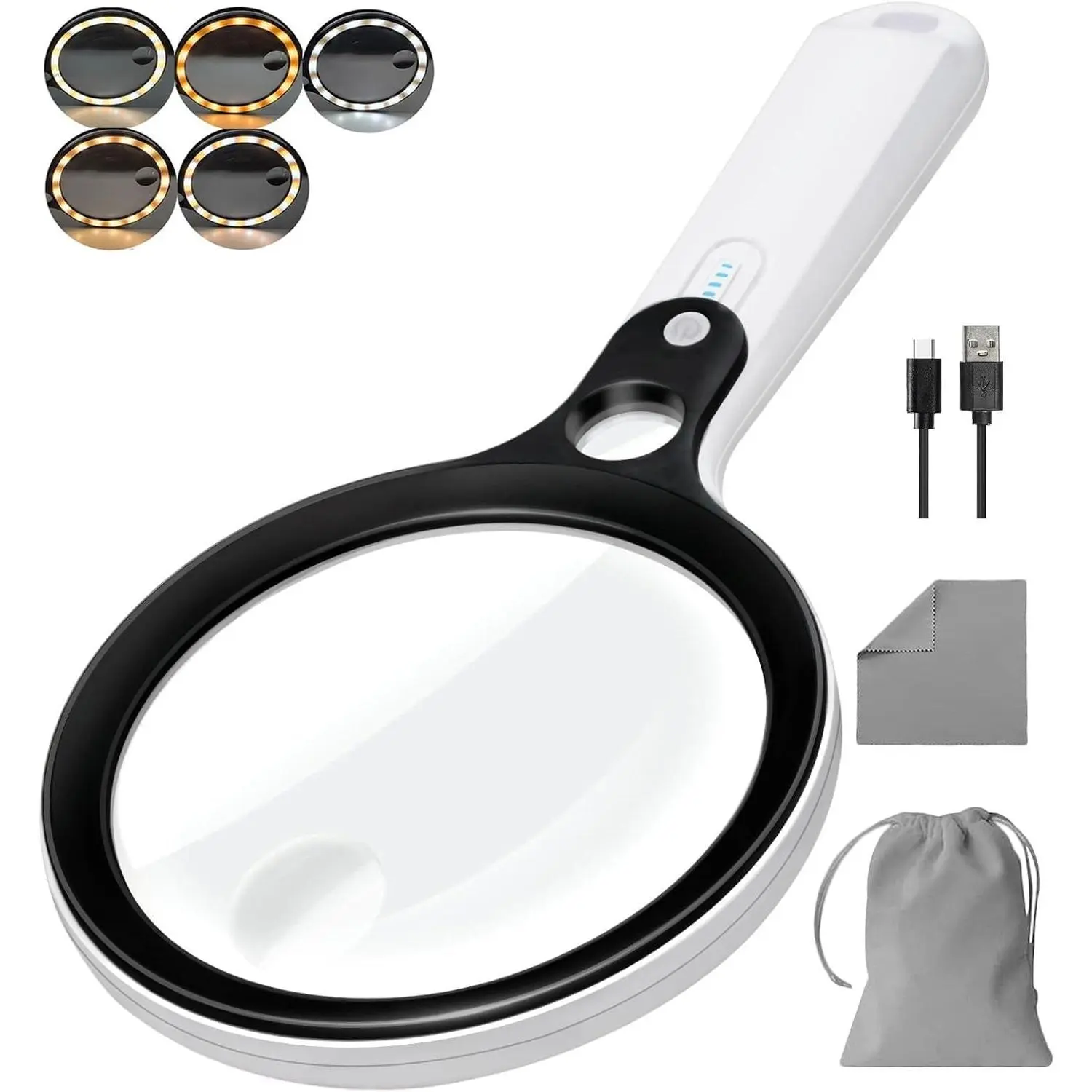 Magnifying Glass with 48 LED Light, 10X 20X 45X Handheld Illuminated Magnifier with 5 Light Modes Rechargeable for Seniors Reading Inspection Black & White