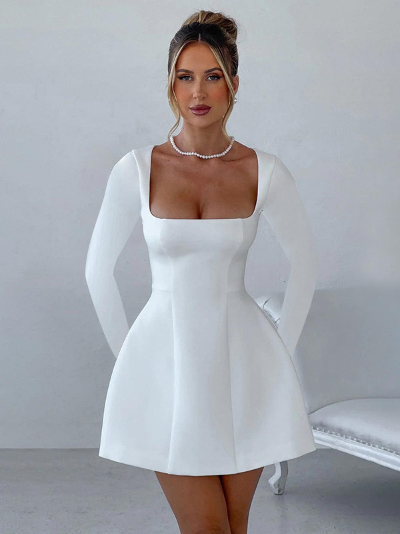 Women's Plain Square Neck A Line Dress, Casual Long Sleeve Short Dress for Fall & Winter, Women's Clothing for Daily Wear