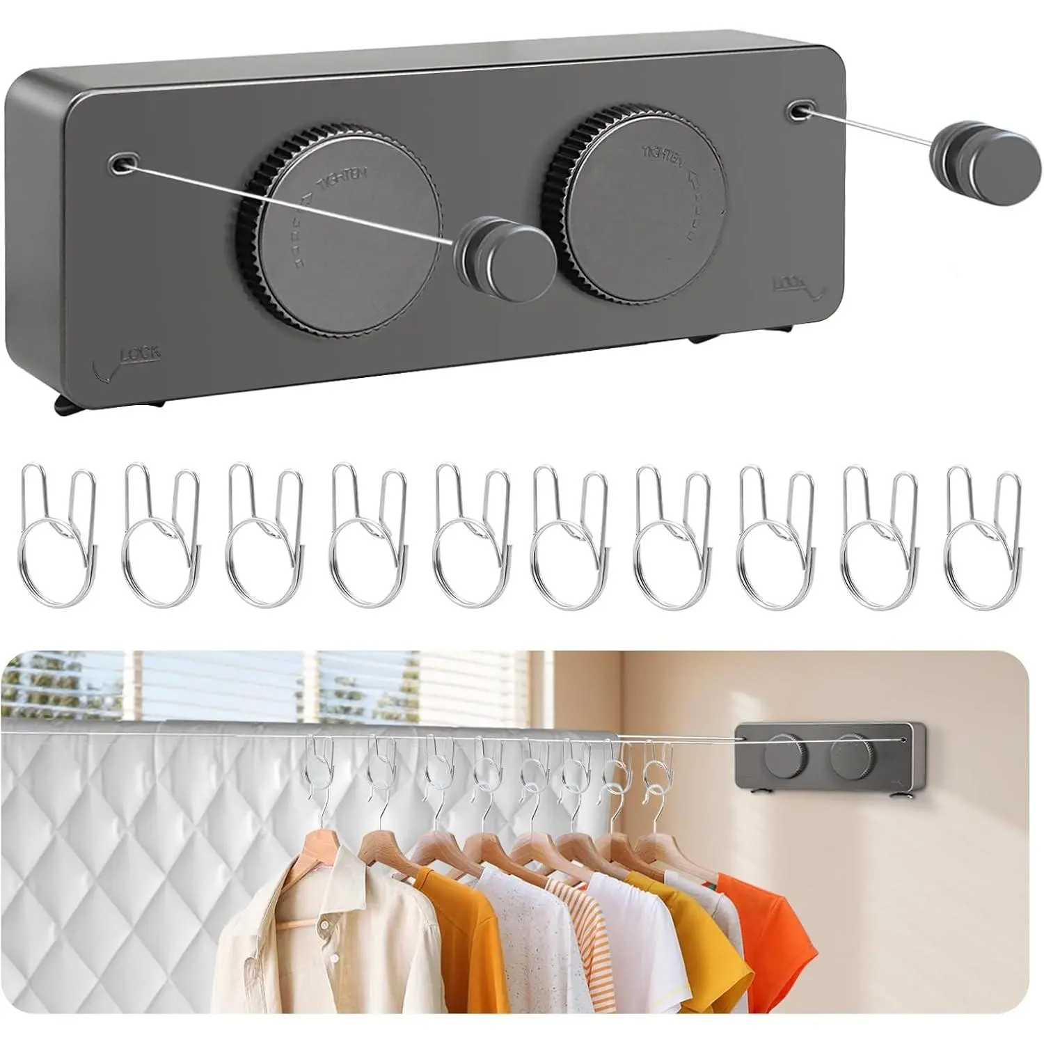 Retractable Clothesline Indoor Non-Sagging Outdoor 16.7 Ft Heavy Duty Clothes Drying Laundry Line Wall Mounted Stainless Steel for Balconies Double line-Grey
