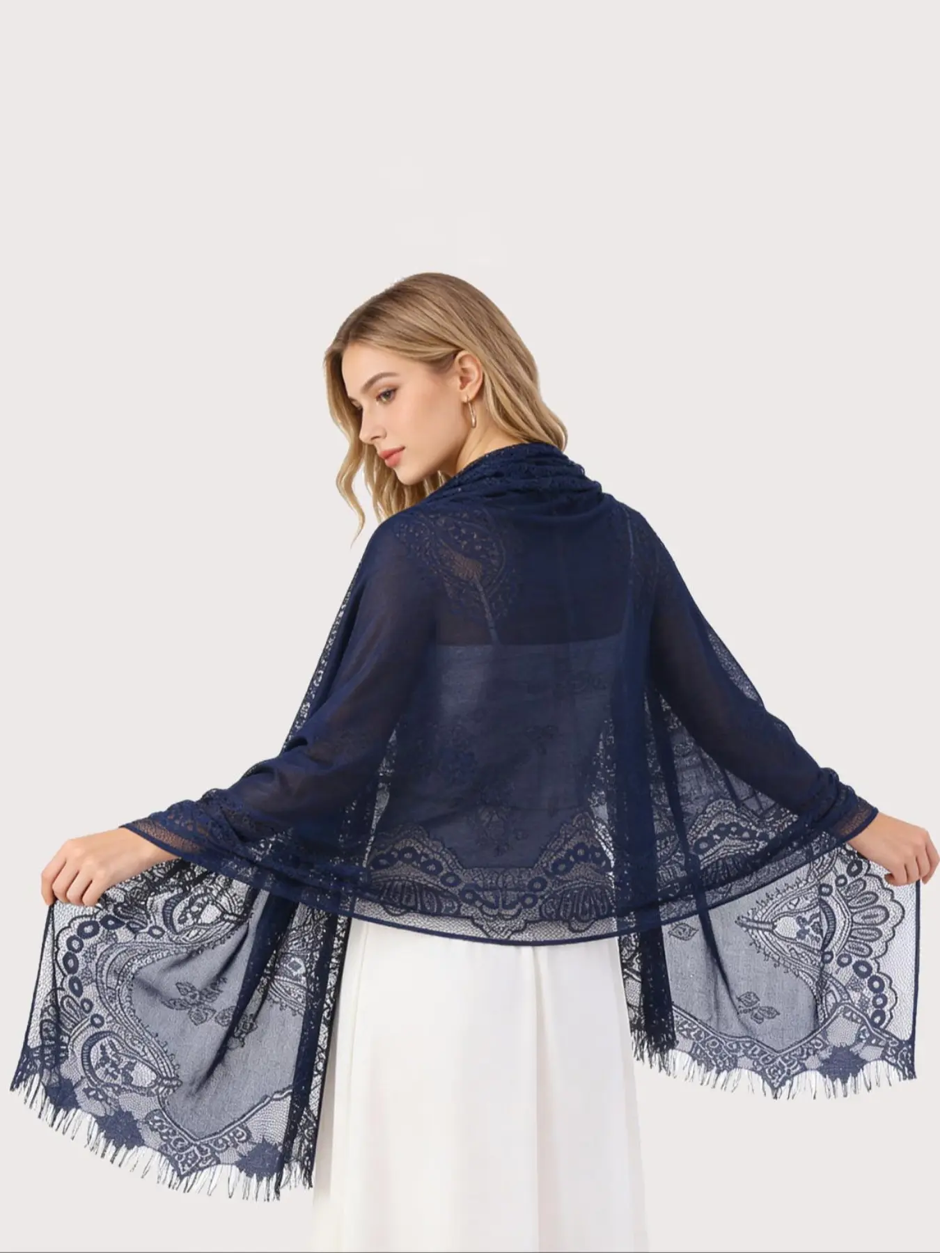 Summer Lightweight Lace Scarf for Women, Evening Gown Outerwear with Fringe Decoration, Elegant Hollow Out Shawl for Special Occasions, Sheer Shawl for Evening Dresses, Fringe Trim Shawl