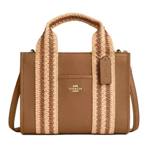 Coach Smith 24 Tote Bag for Women – Woven Straw and Leather Crossbody Handbag in Honey Brown with Multicolor Accents