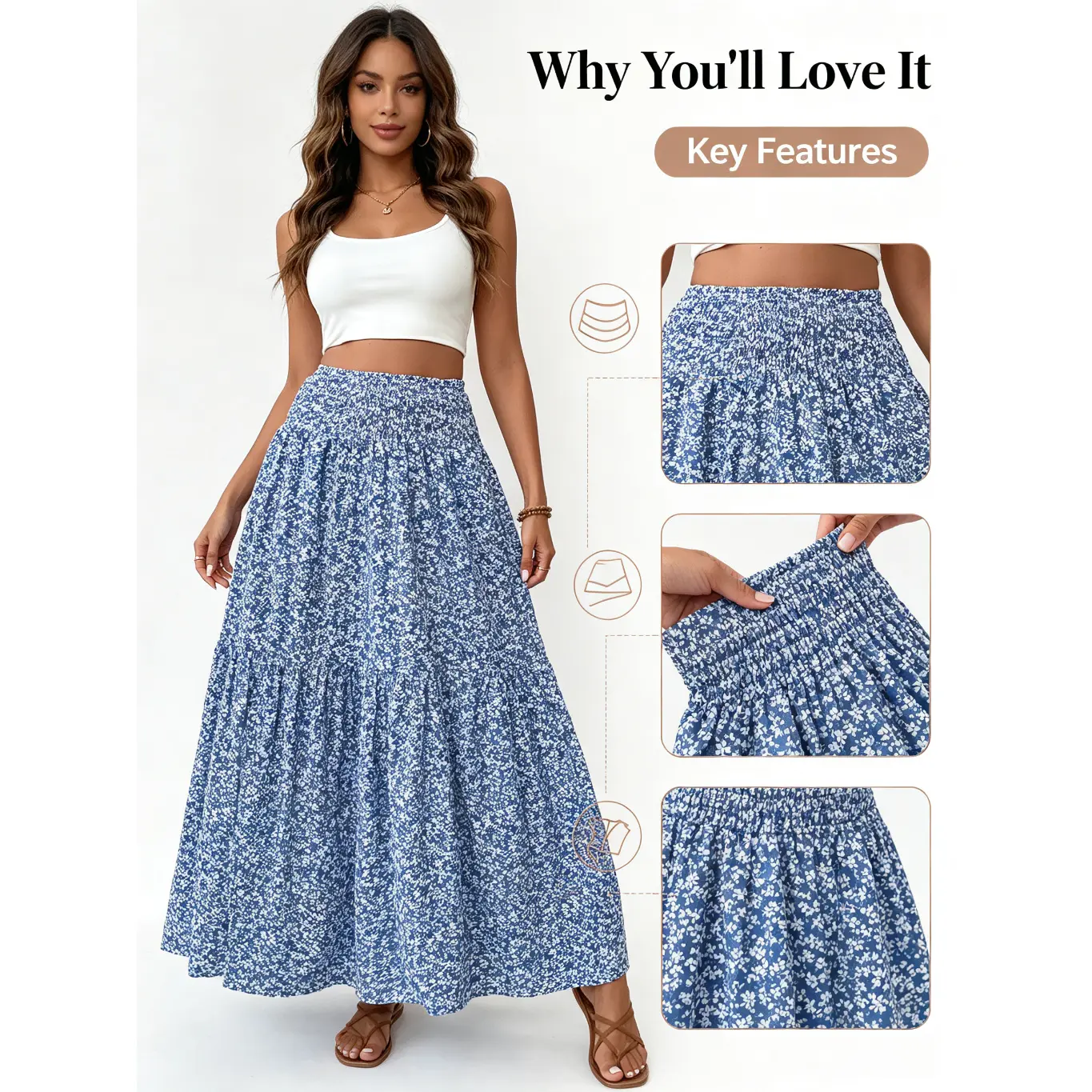A-line long floral print midi skirt - autumn/spring premium patchwork women's skirt, Lady, Skirts