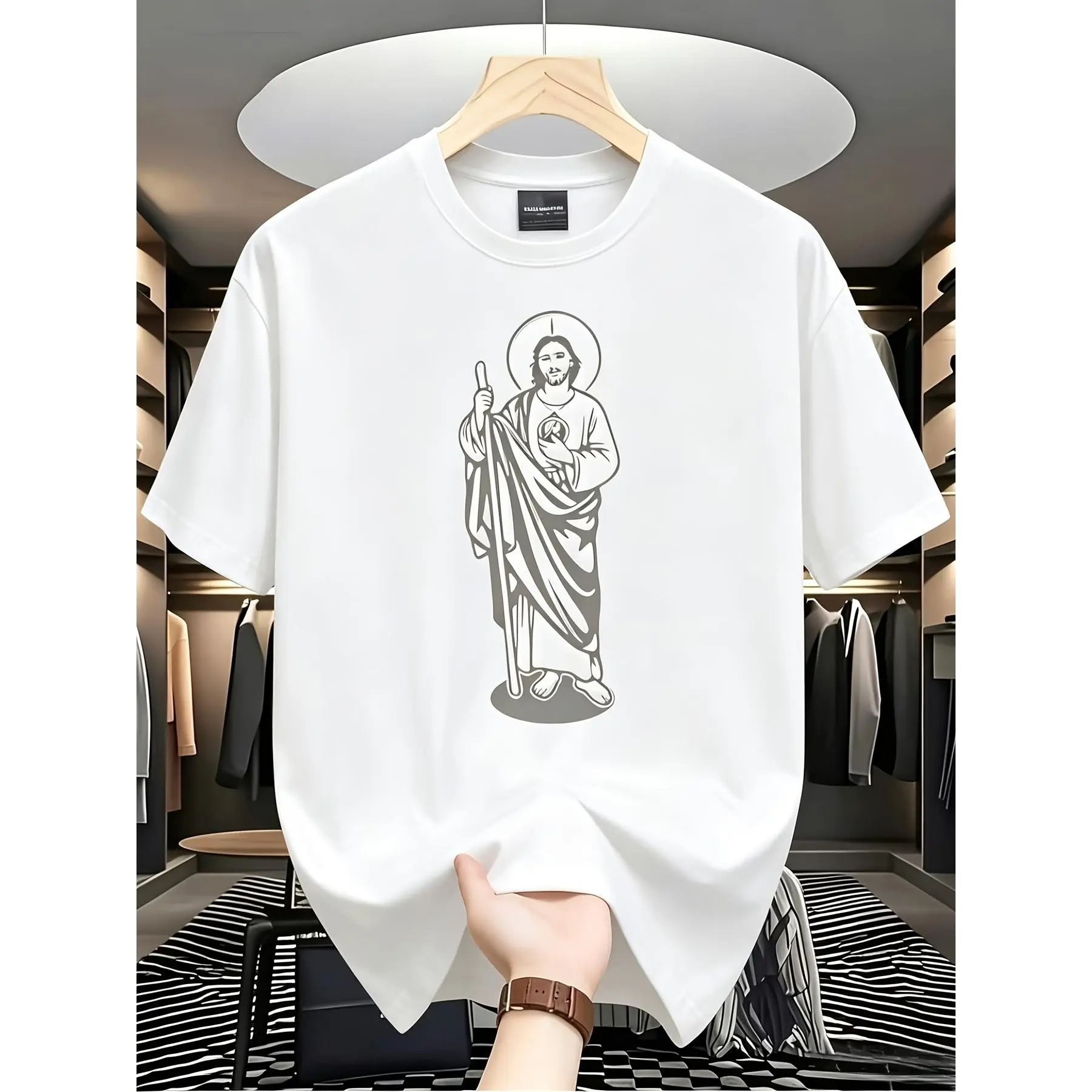 Men's T-shirt, Men's Shirt, Men's Apparel, Men's T-shirt, Regular Fit, Black T-shirt, Religious Print Design, High-Quality Print, Crew Neck, Unisex, Parent-Child Matching Set, Men's Summer Quick-Dry Printed T-shirt, Casual Crew Neck Short Sleeve