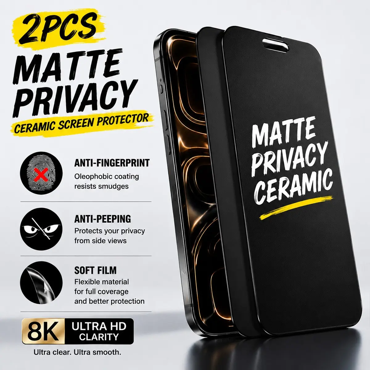 2-Pack 8k HD Matte Privacy Tempered Glass Film, Fits All Apple Devices, Flexible Edge Protection, Anti-Fingerprint, Anti-Glare, Game Privacy