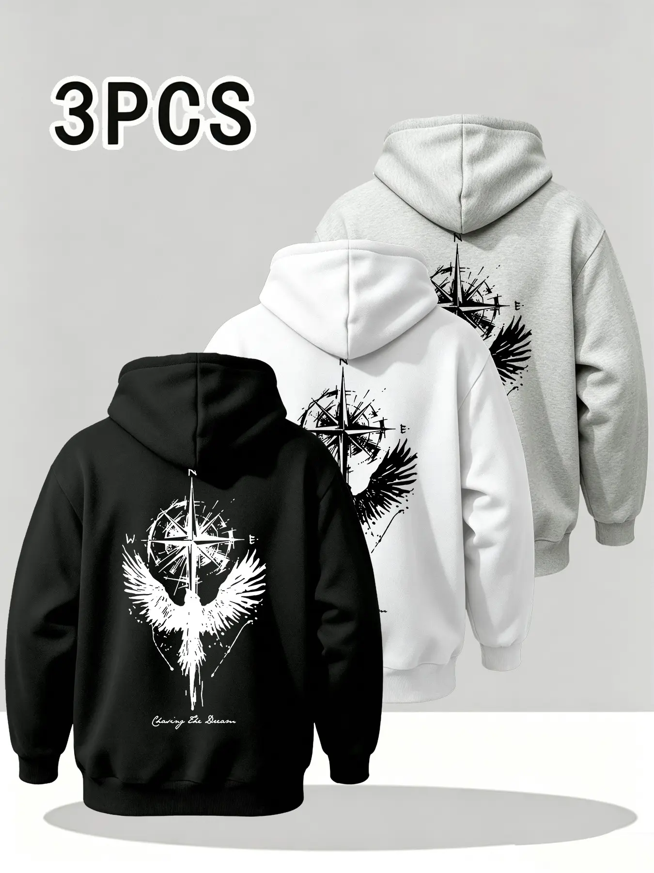 3pcs Men's Oversized Thick Hoodies for Fall Winter, Vintage Phoenix Compass Back Graphic Pullover Hooded Sweatshirts, Warm Long Sleeve Tops for Office Commute, Hiking Camping, Loungewear and Daily Outings, Men's Fall And Winter Top