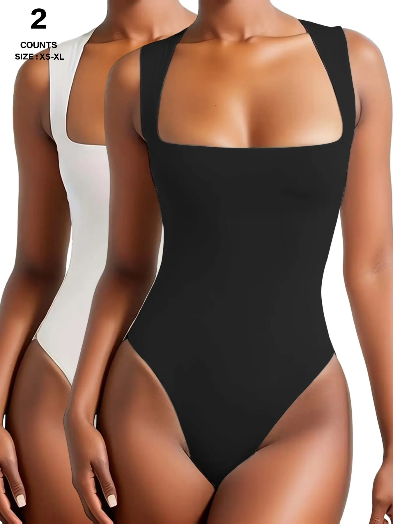 Women Square Neck Bodysuit, Soft Stretch Solid Color, High Cut Sleeveless, Minimalist Figure-Hugging, Matches Jeans, Skirts & Shorts, Knitted Bodysuits