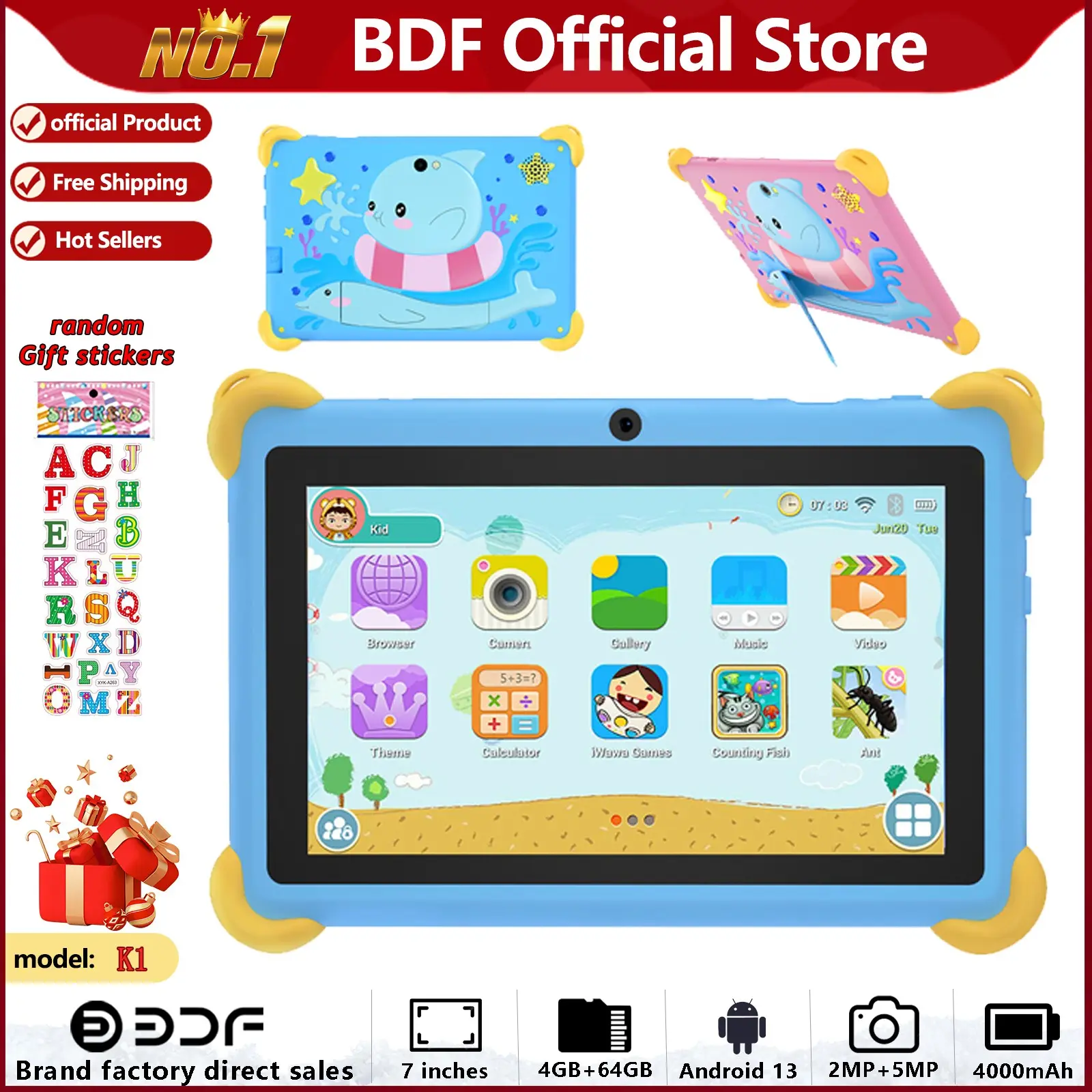 Educational Tablet, 7-Inch Android 13, 4GB RAM 64GB Storage, Quad-Core Processor, HD Screen, Dual Cameras, Long Battery Life