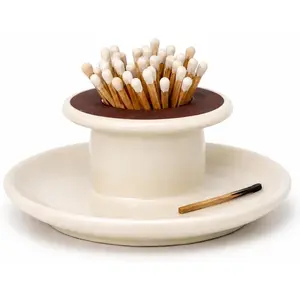 Handcrafted Ceramic Match Holder with Striker and Tray - Minimalist Candle Accessory, Decorative Match Striker for Bathroom, Coffee Table &  Decor - Holds Short  ( Not Included)