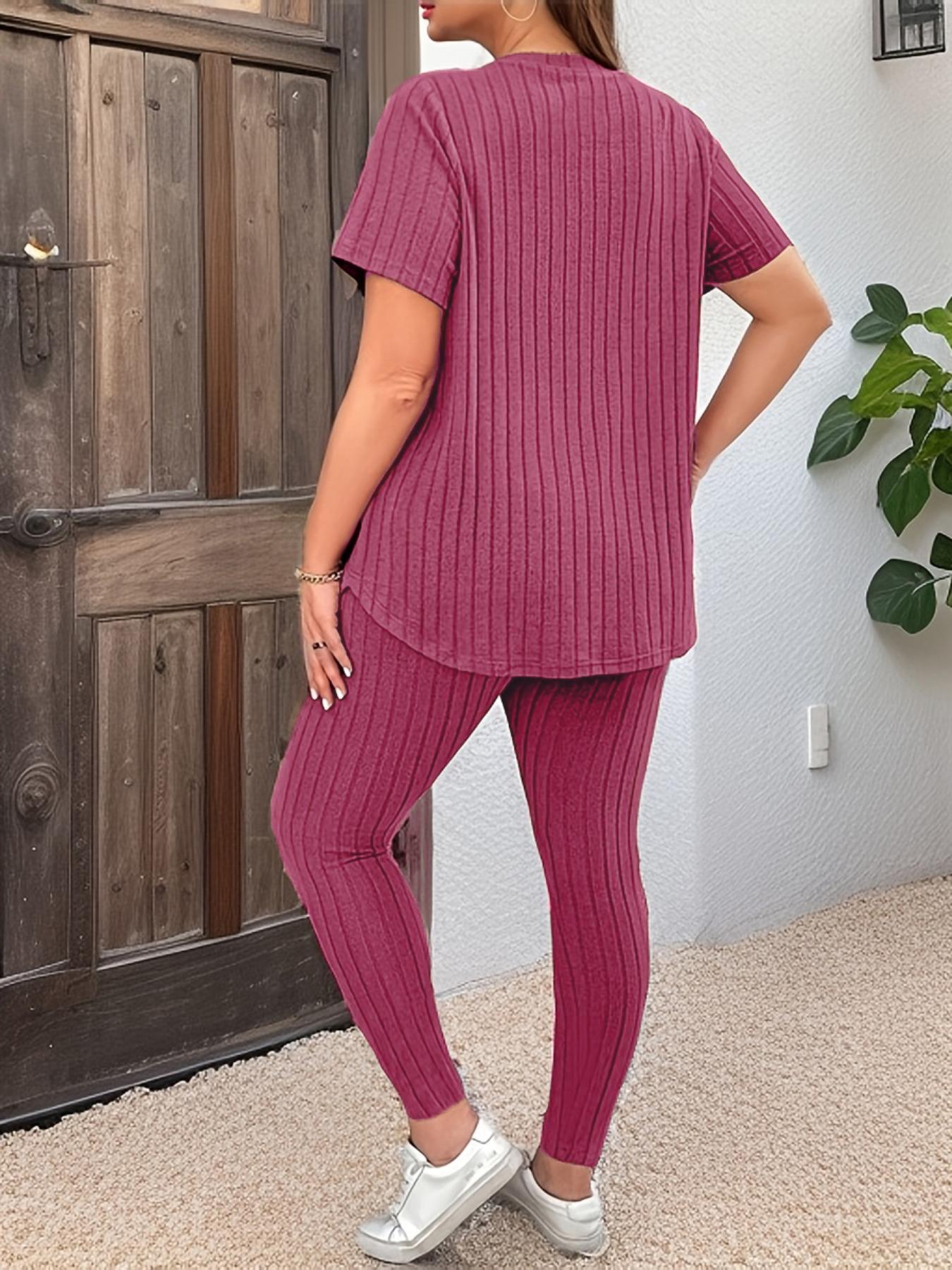 【Plus Size】 Two-Piece Set Solid Drop Shoulder Top & Skinny Pants Ribbed Pajama Set, Casual Comfy Round Neck Long Sleeve Top & Trousers Set, Women's Sleepwear for Fall & Winter